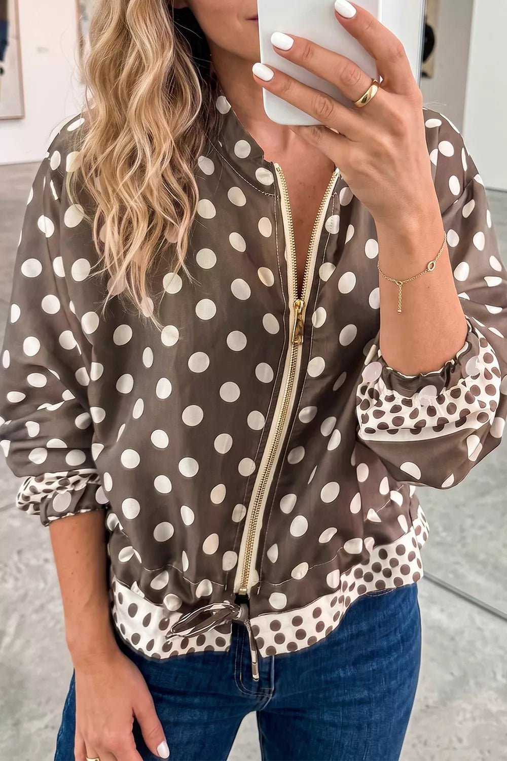 Polka-dot zip-up long sleeve shacket