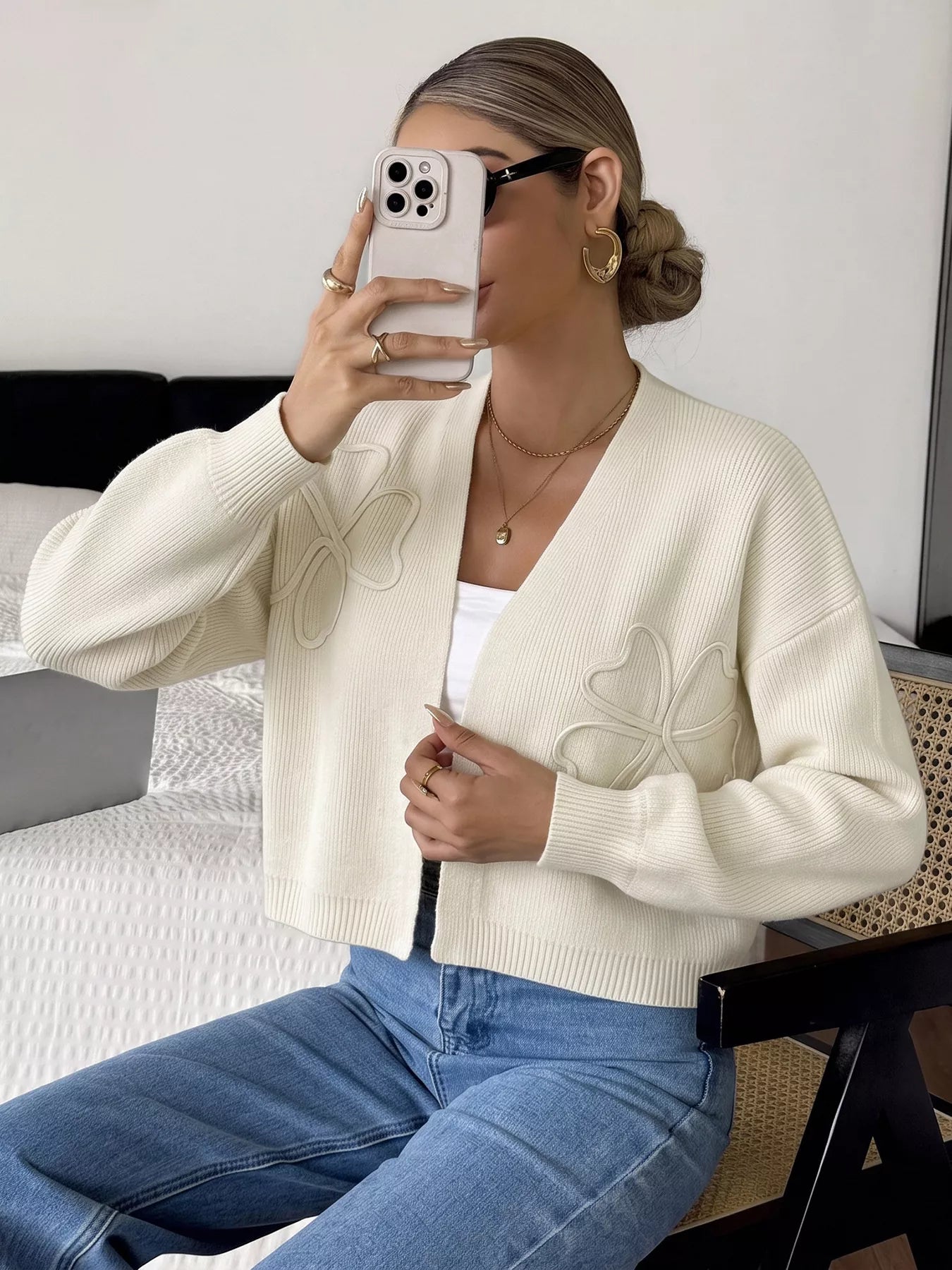 Trendsi Four-Leaf Clover Open Front Cardigan -