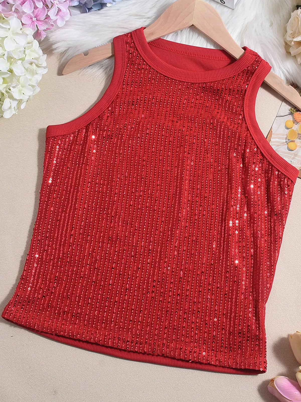 Red sequin round neck tank