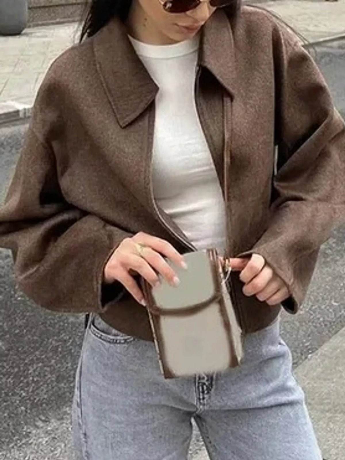 Cropped zip jacket, brown angled front