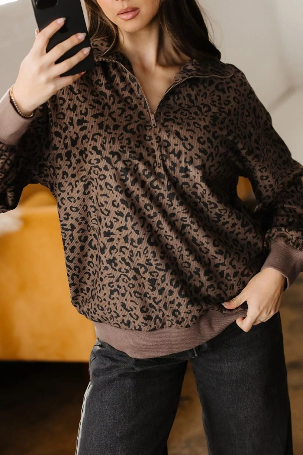 Trendsi Leopard Print Quarter-Zip Sweatshirt -