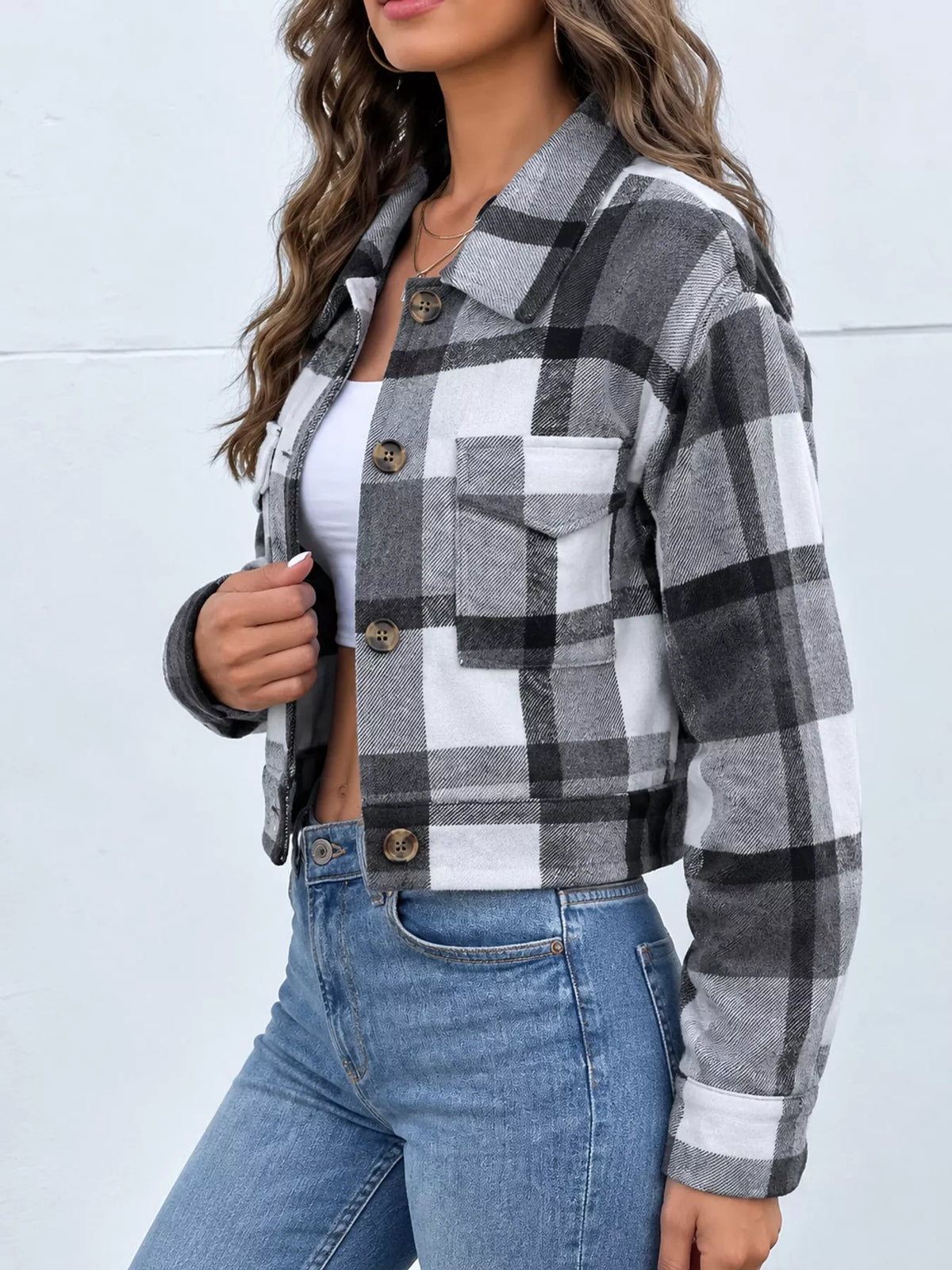 Plaid cropped jacket, gray plaid side