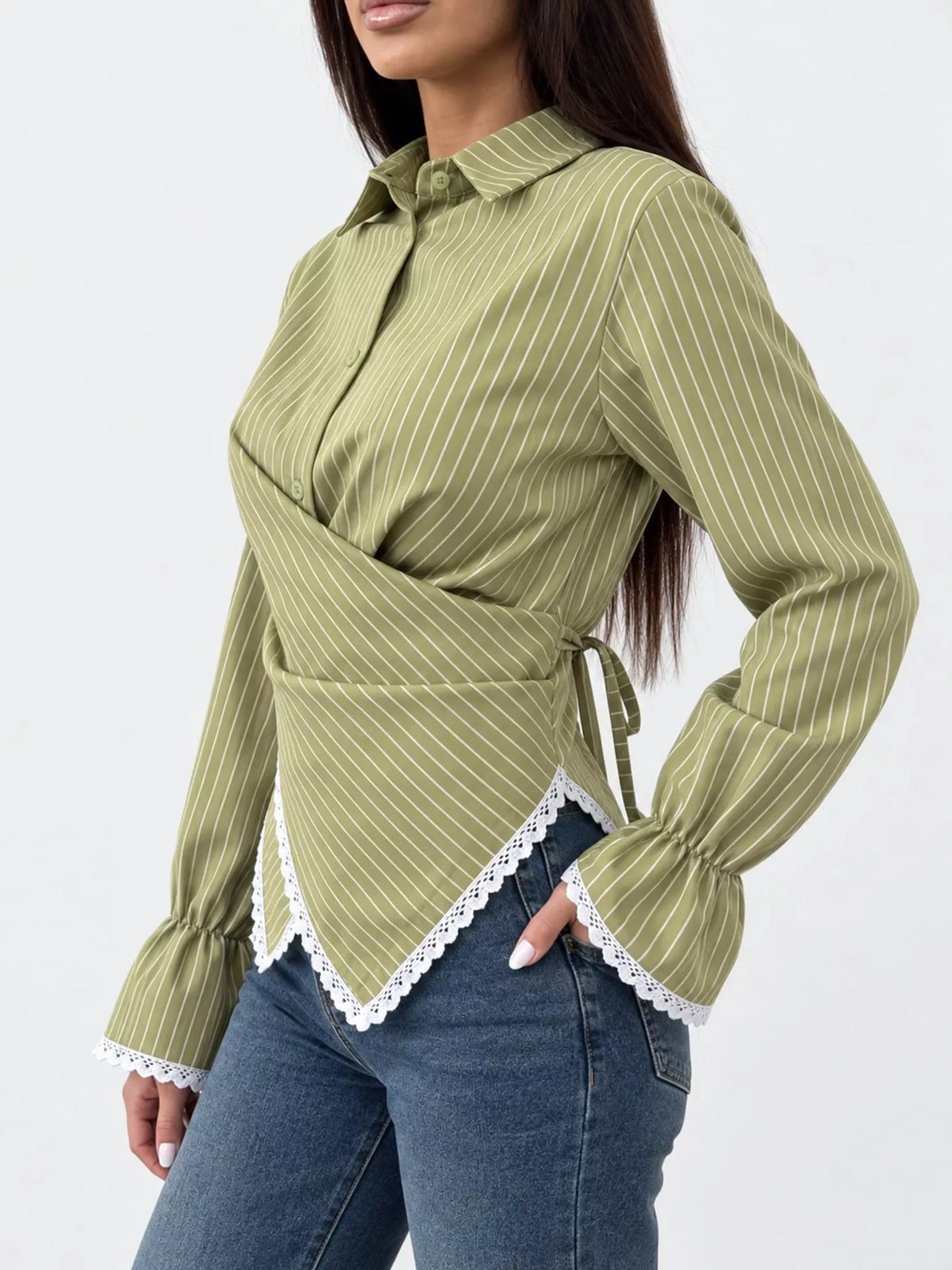 Lace-trim striped shirt, olive side