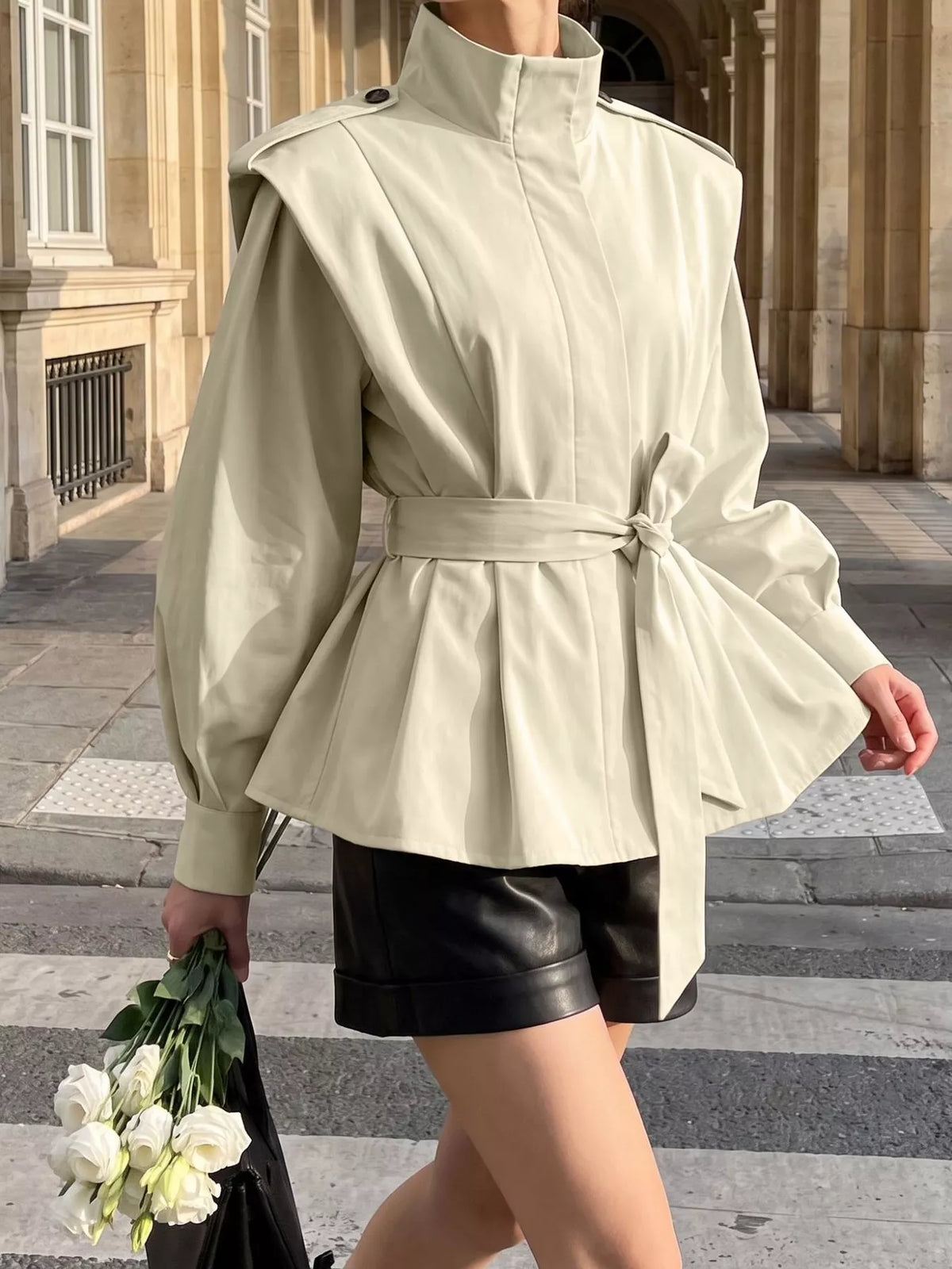 Trendsi Stand-Collar Belted Outerwear -