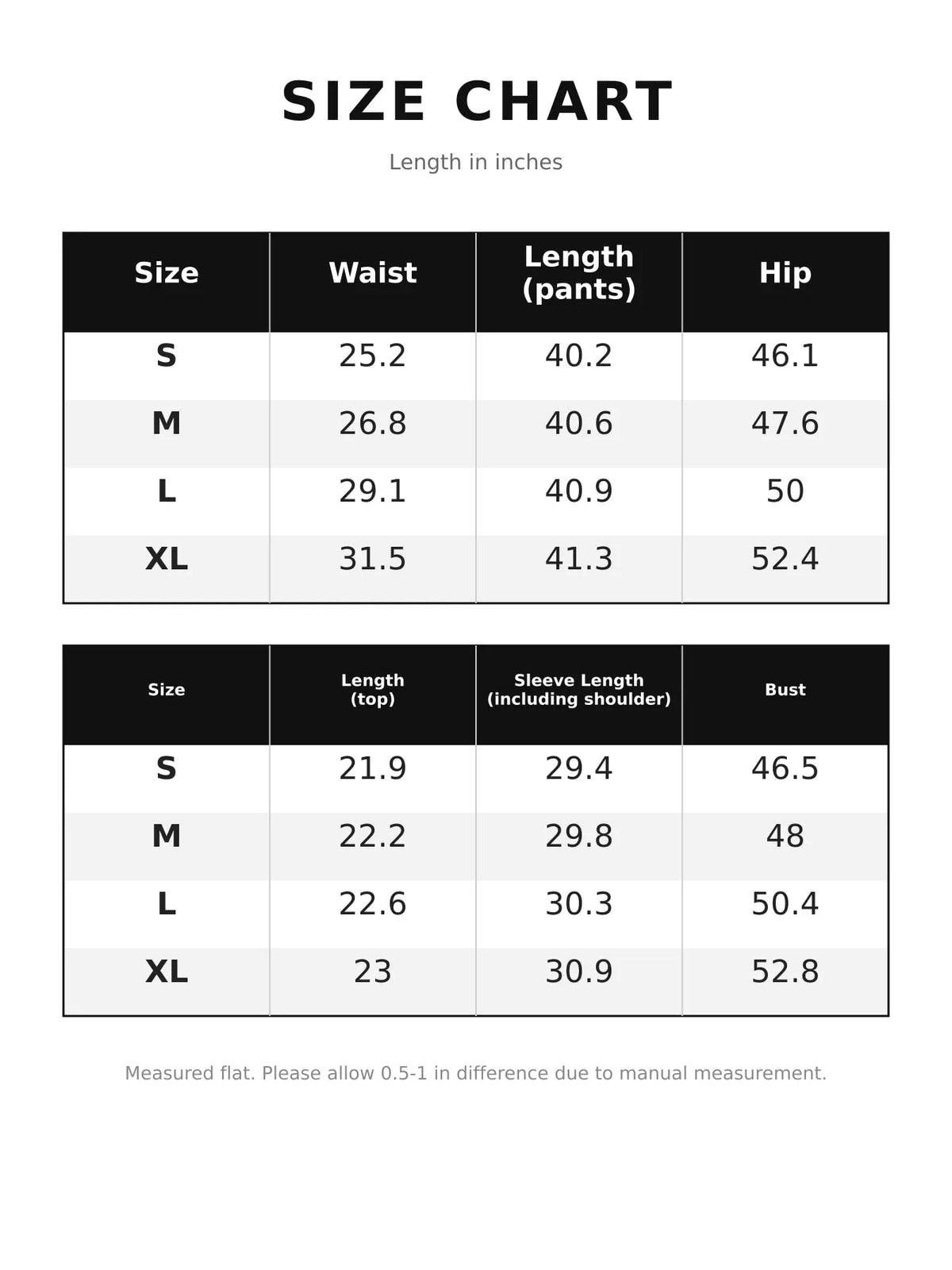 Size chart for zip-up outerwear and pants set