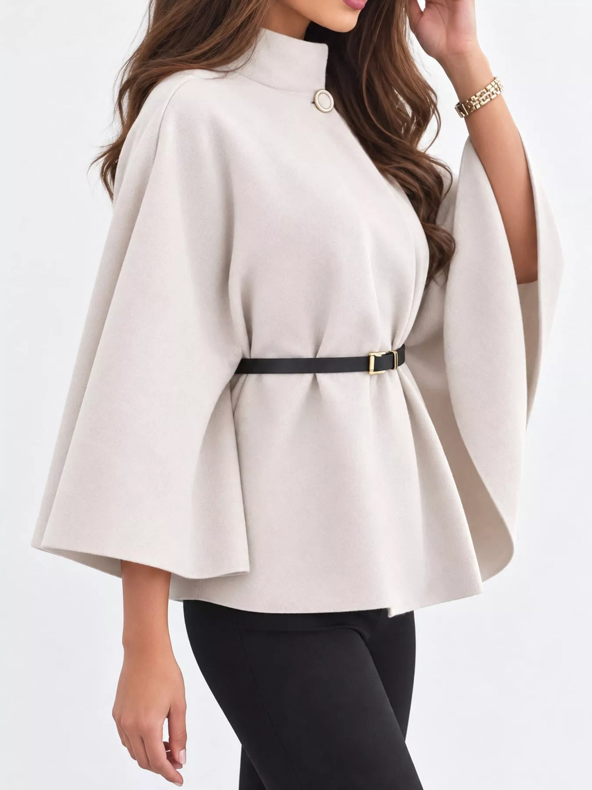 Belted Mock Neck Cape in cream, side view