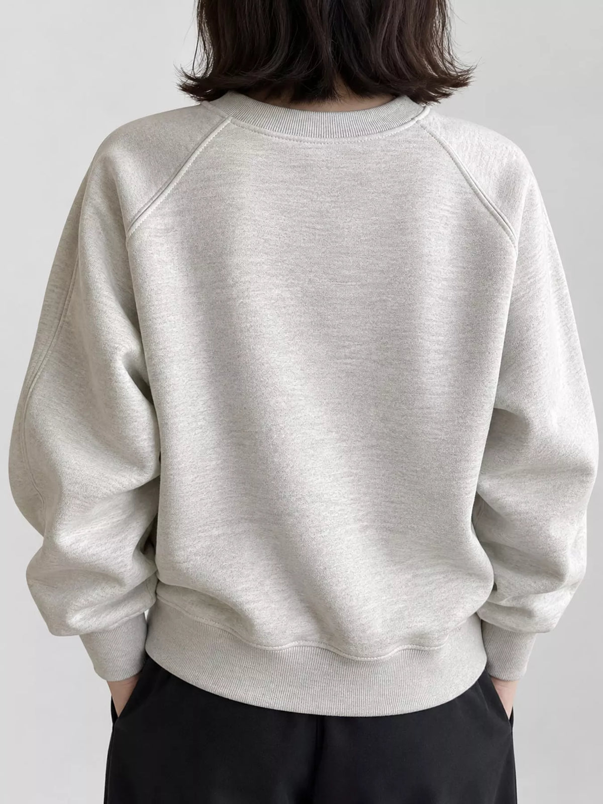 Light Gray ribbed seam detail round neck sweatshirt, back view