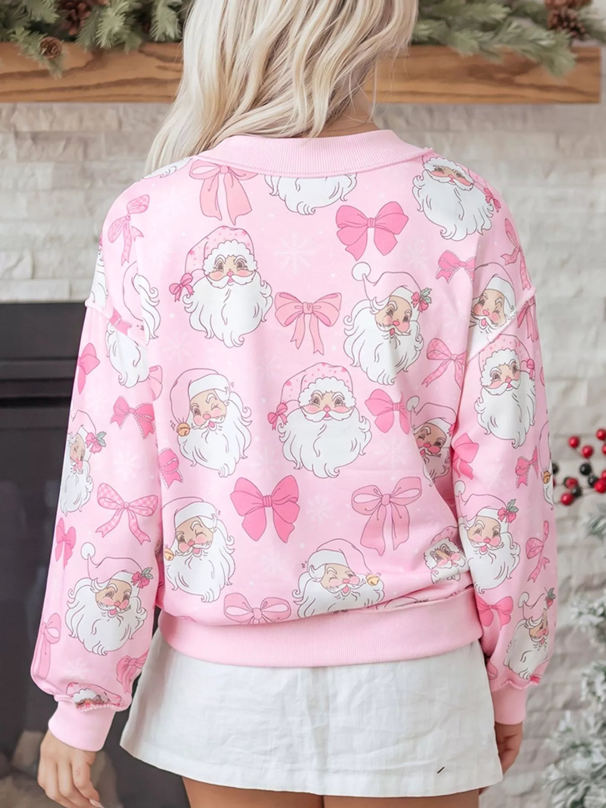 Santa-and-bow sweatshirt, pink Santa bow print back