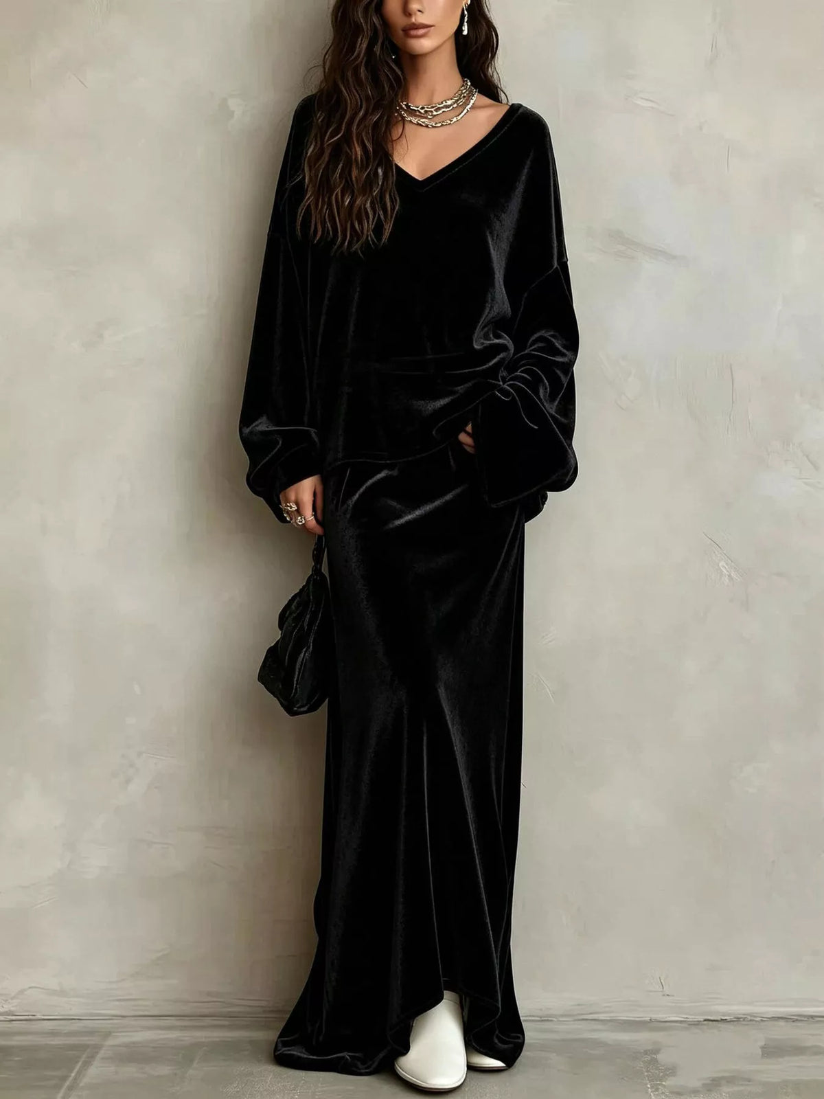 V-Neck Velvet Long Sleeve Top and Maxi Skirt Two-Piece Set in black, front view