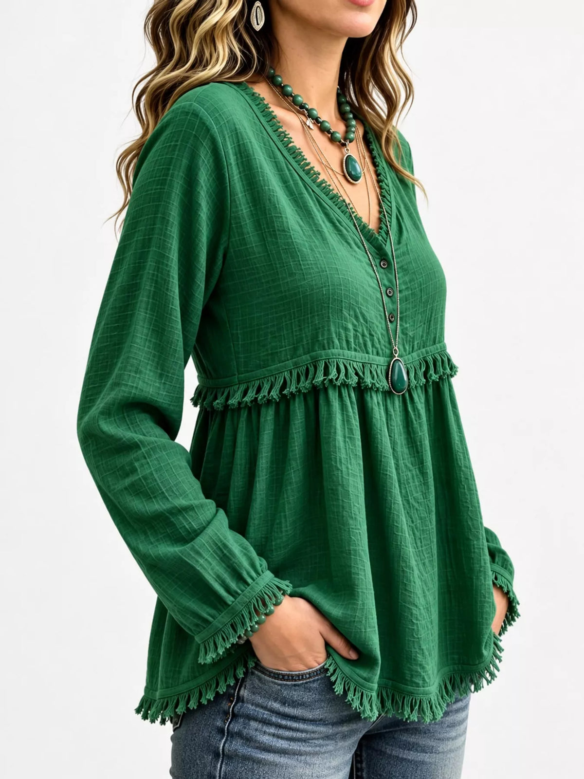 Fringe-trim blouse, green side