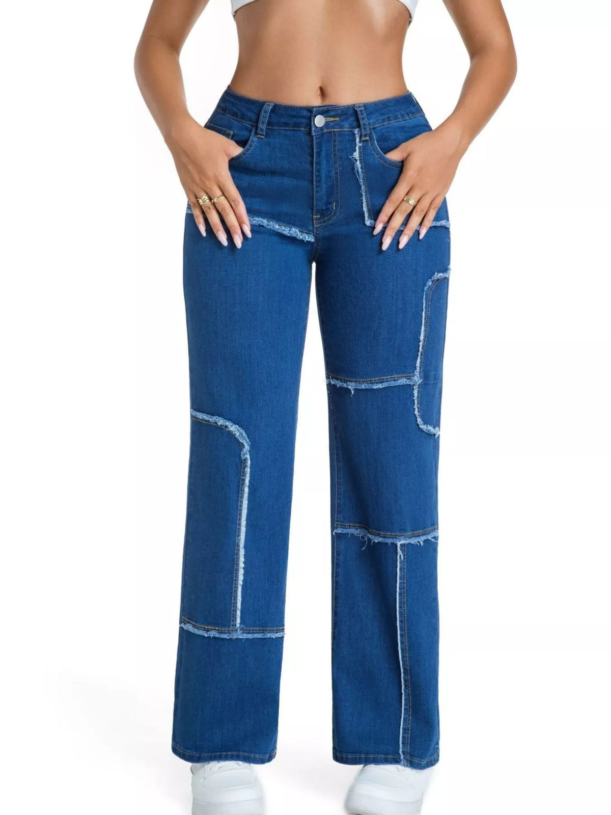 Medium blue frayed edge straight leg jeans