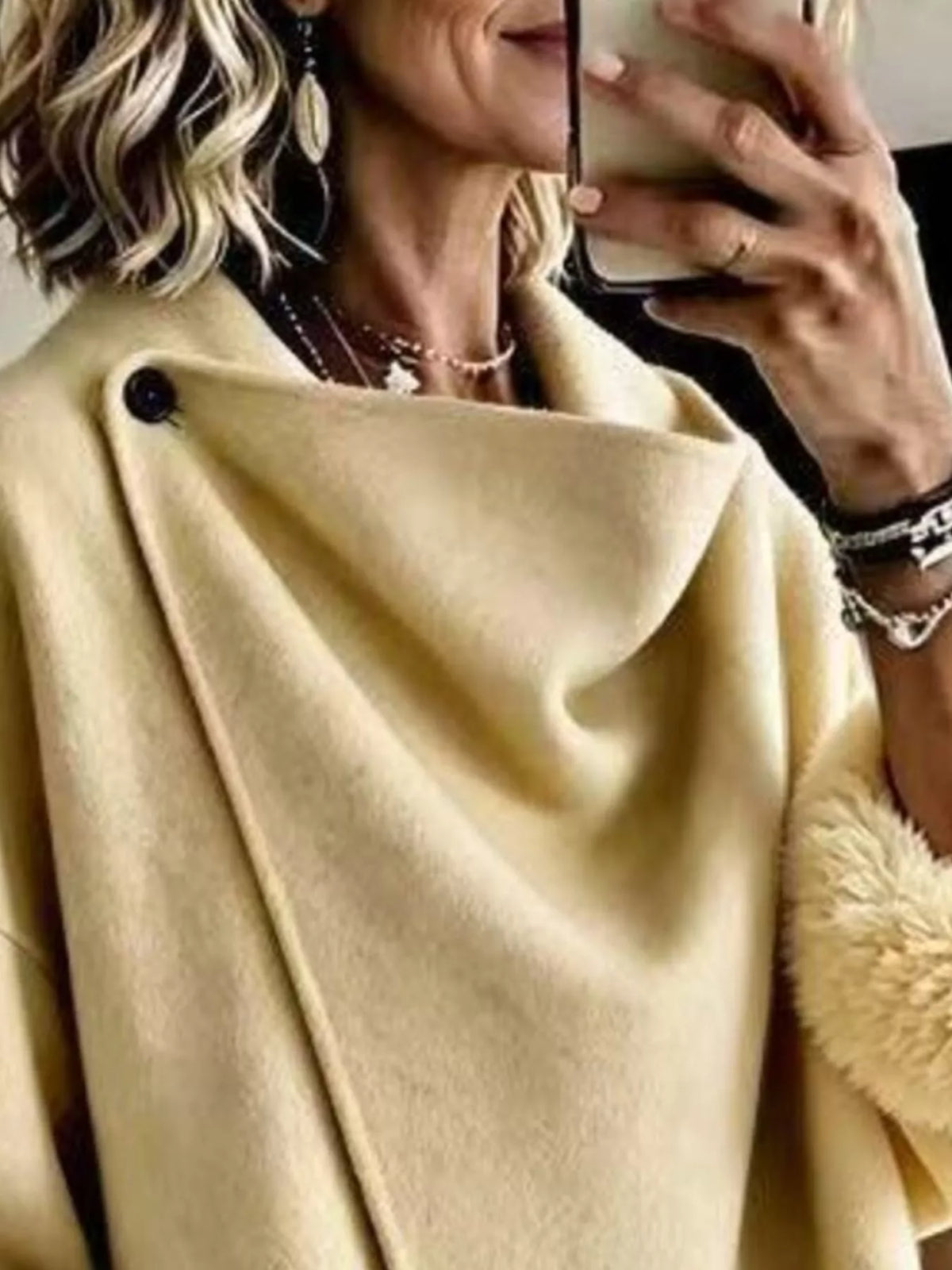 Asymmetric Buttoned Jacket with Faux Fur Cuffs, neckline detail