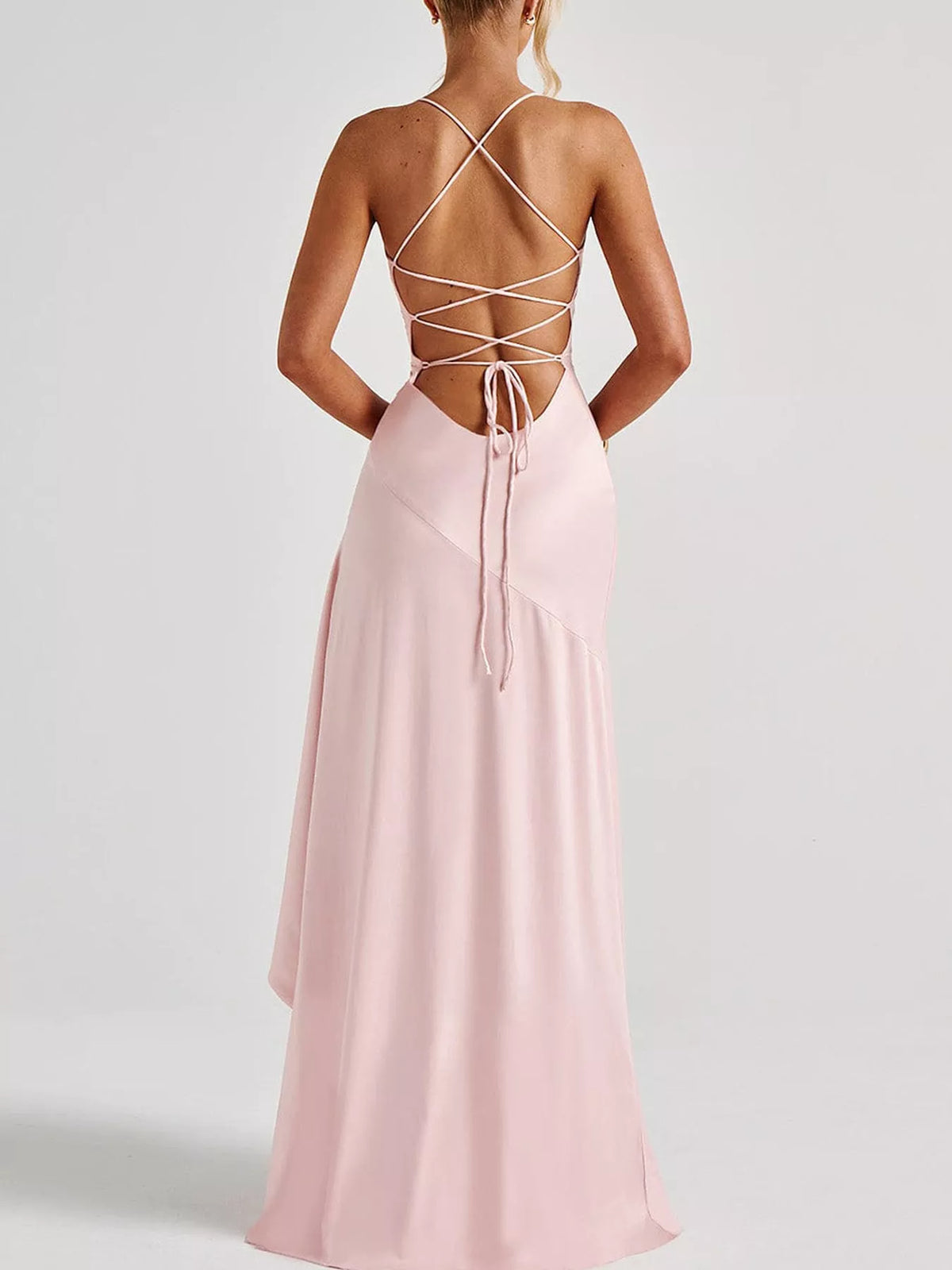 Pink high-low ruffle-hem evening dress, lace-up back view