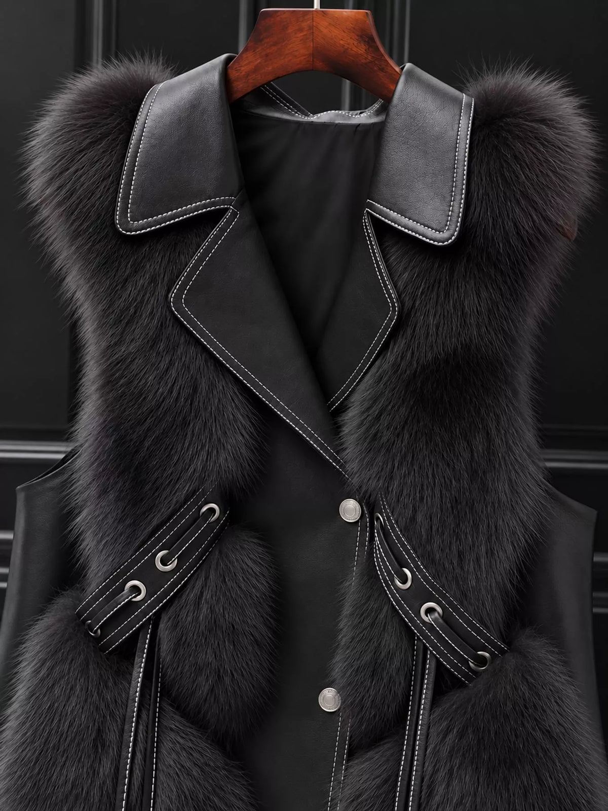 Faux Fur Snap Down Vest Coat in black