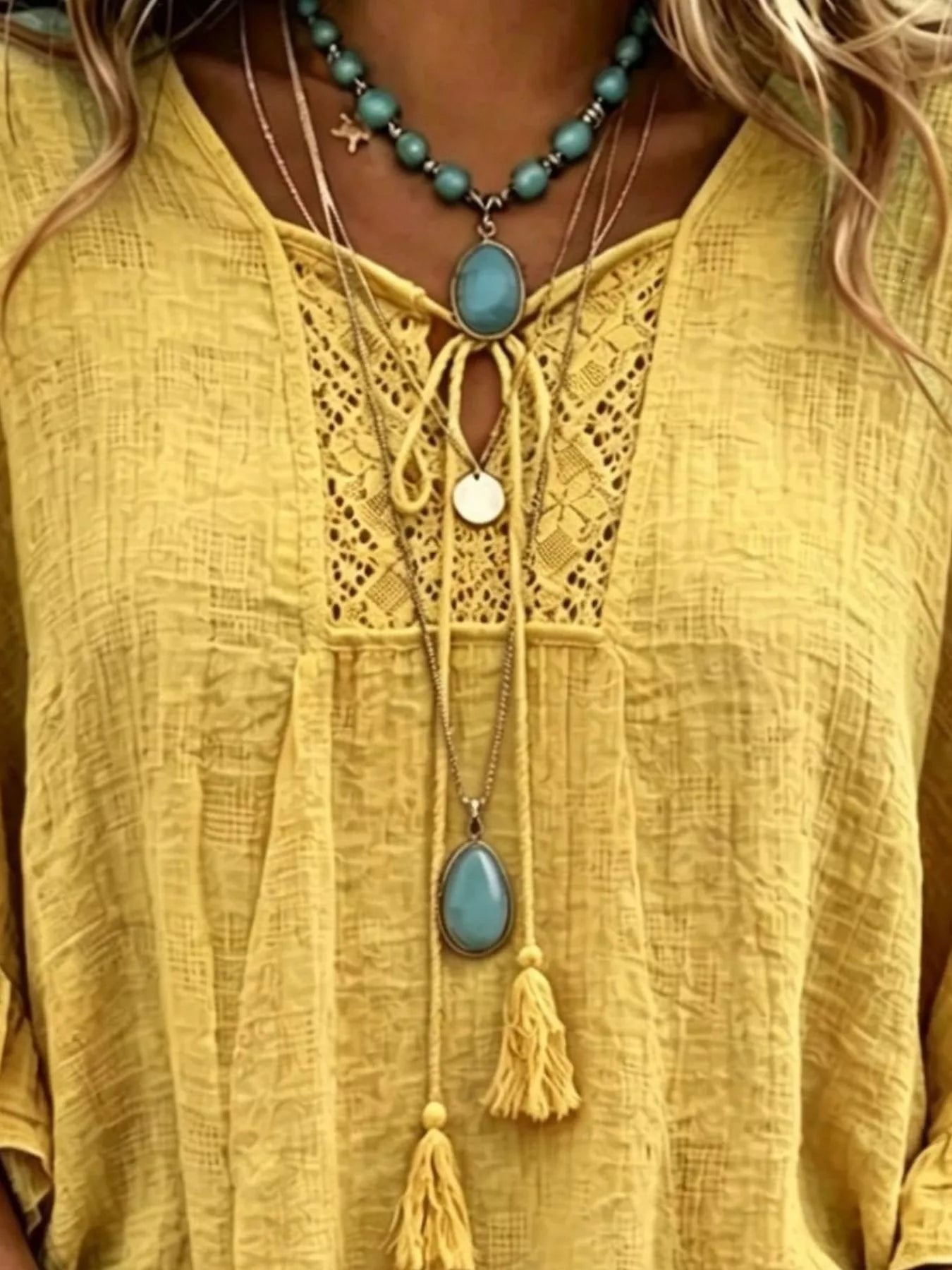 Trendsi Full Size Tassel Tie Neck Ruffled Hem Blouse Plus Size -