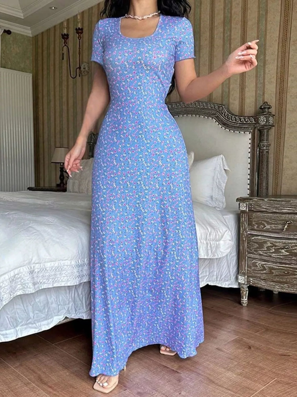 Short-Sleeve Tie-Back Maxi Dress in blue floral, front view