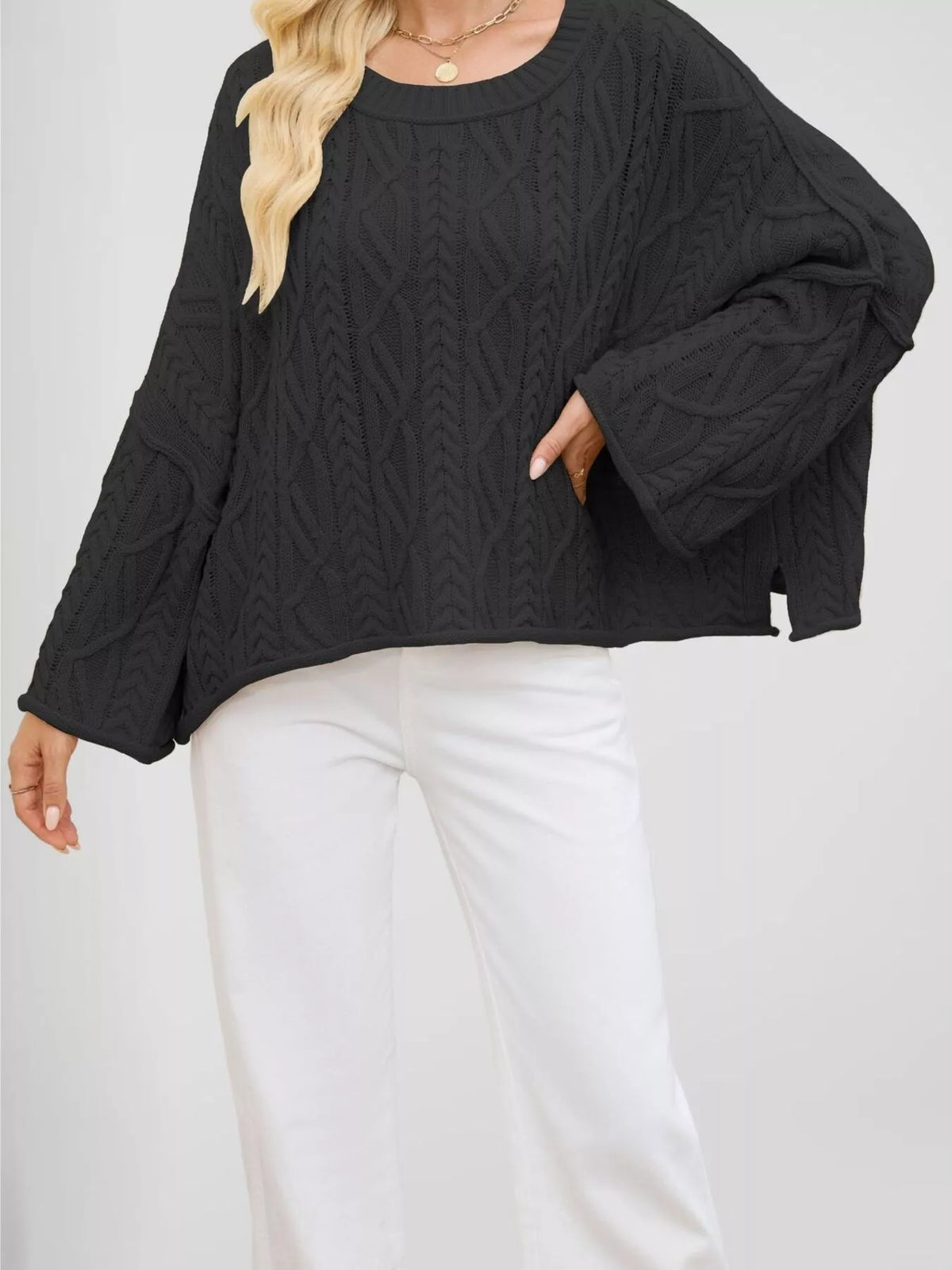 Trendsi Cozy Cable Knit Drop Shoulder Oversize Sweater -