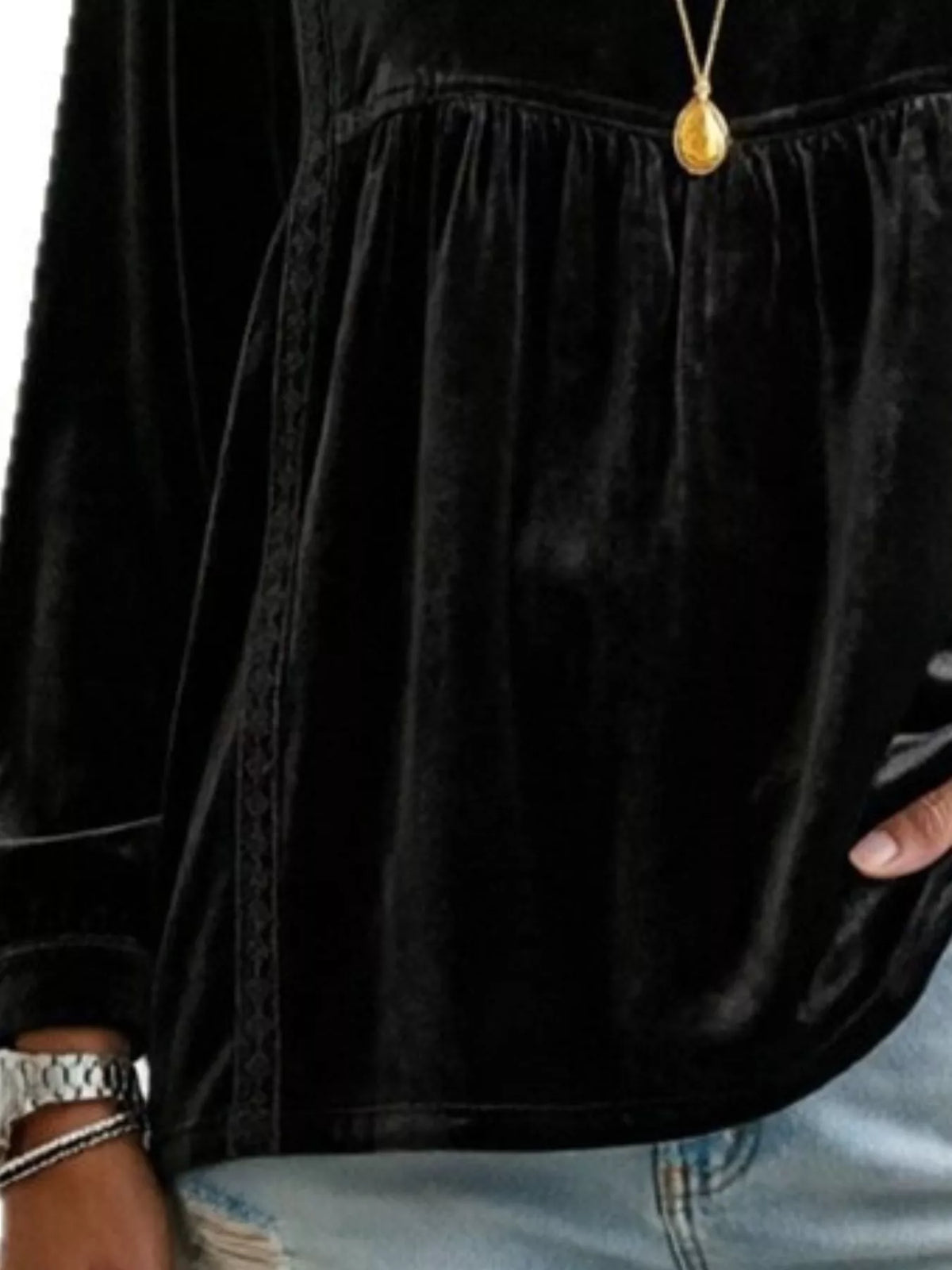 Women's V-Neck Long-Sleeve Velvet Blouse with Lace Trim — alternate view 14