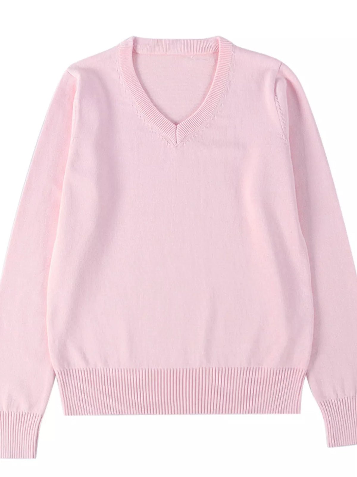 Women's V-Neck Long Sleeve Sweater in pink — flat lay view
