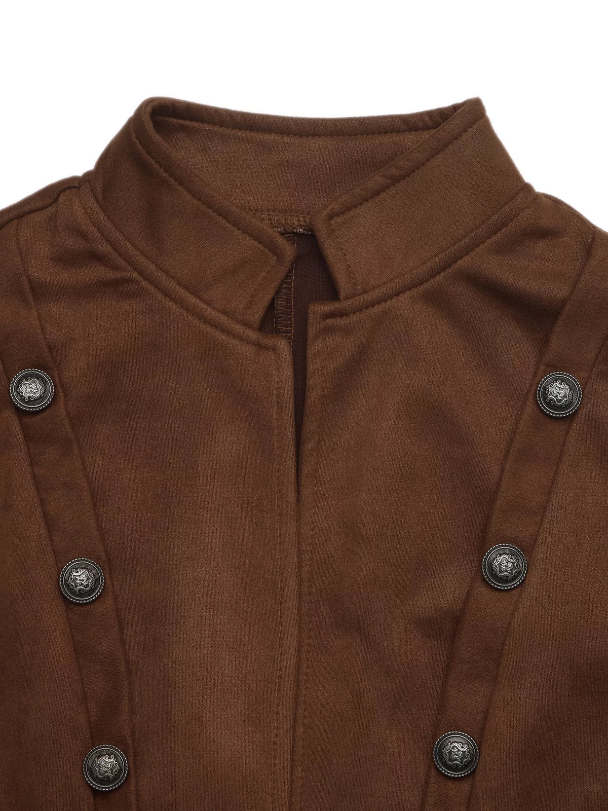 Brown stand collar cropped jacket with decorative buttons, stand collar detail
