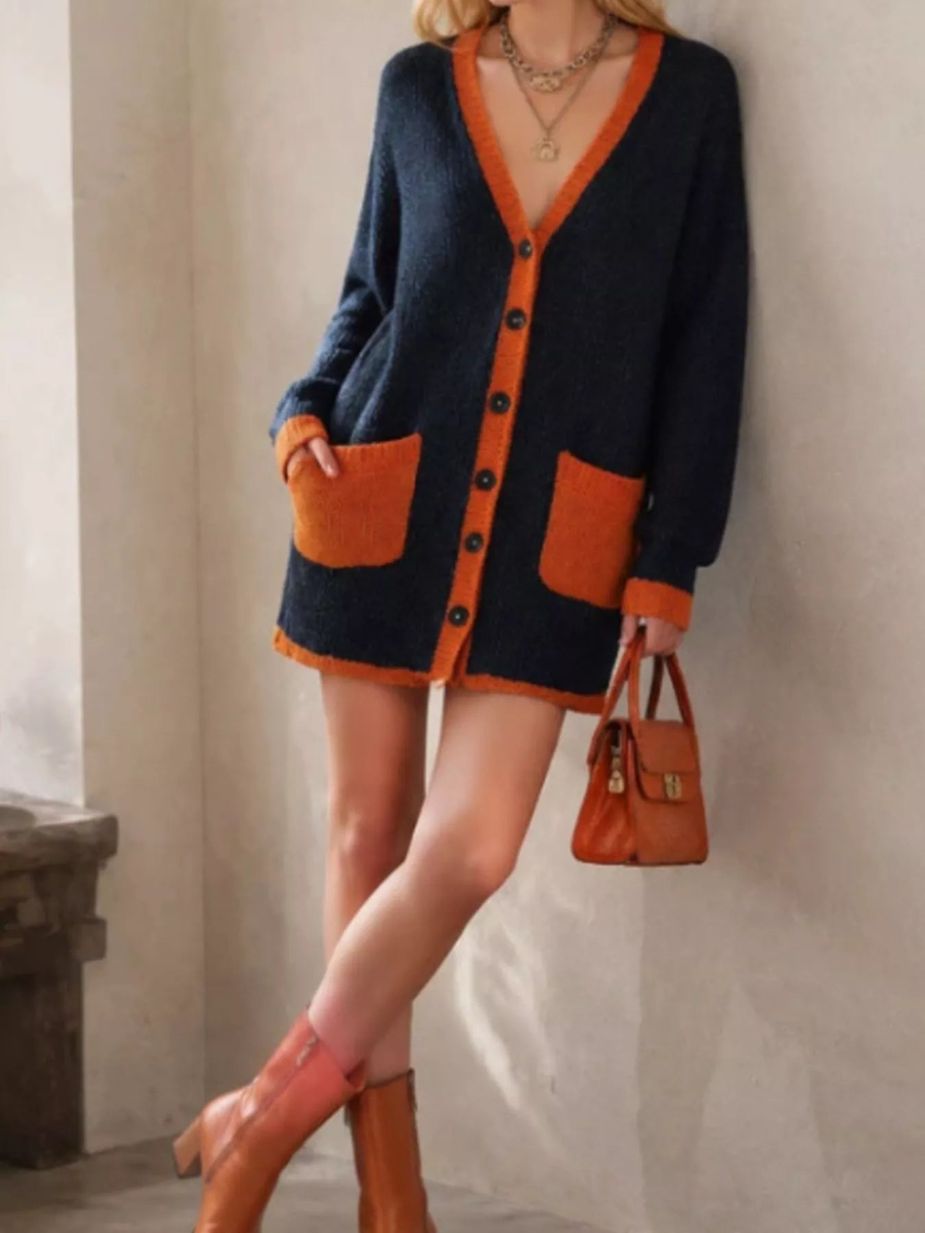 Trendsi Color-Block V-Neck Button-Down Knit Cardigan -