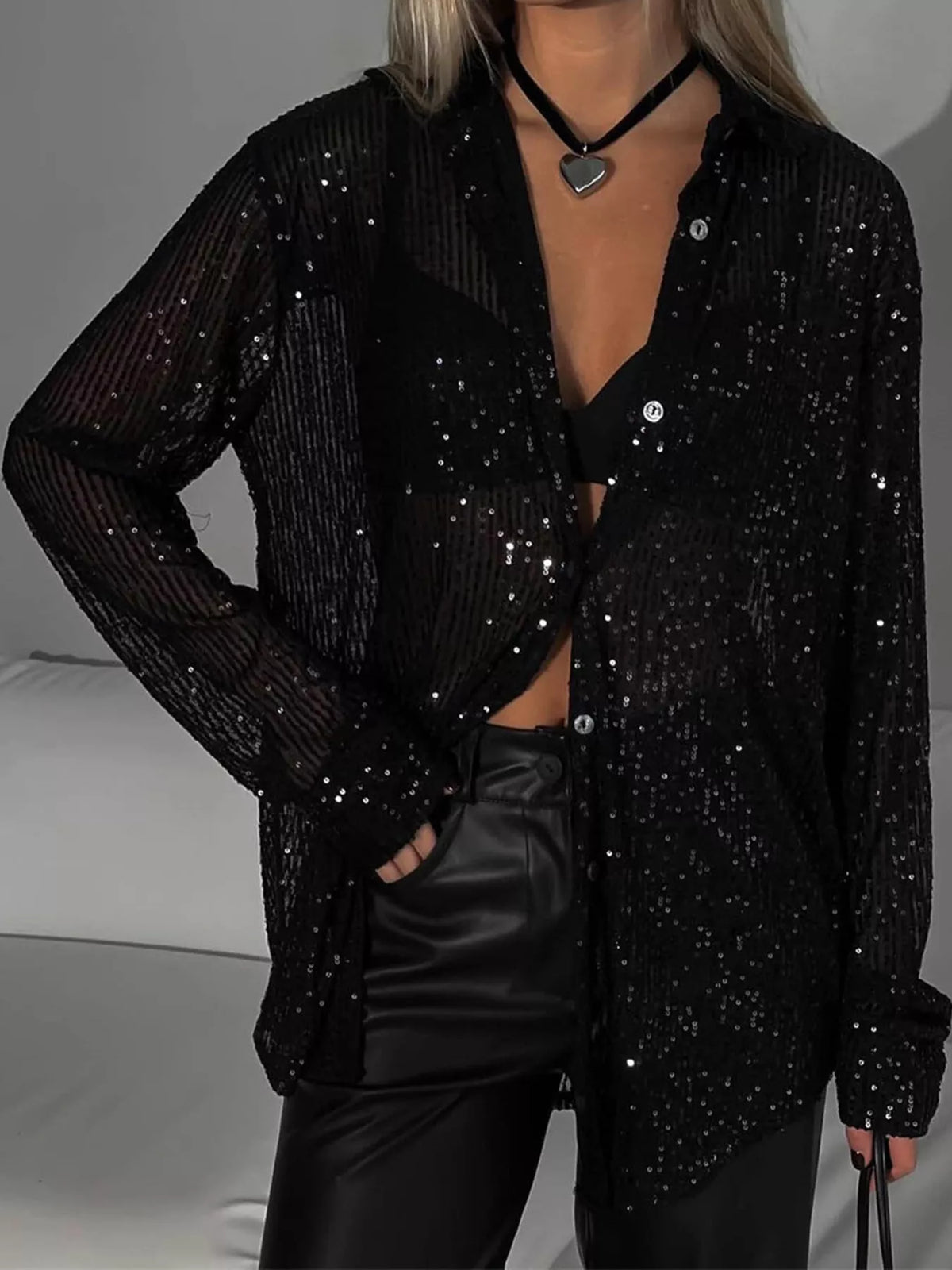Black sequin button up long sleeve shirt