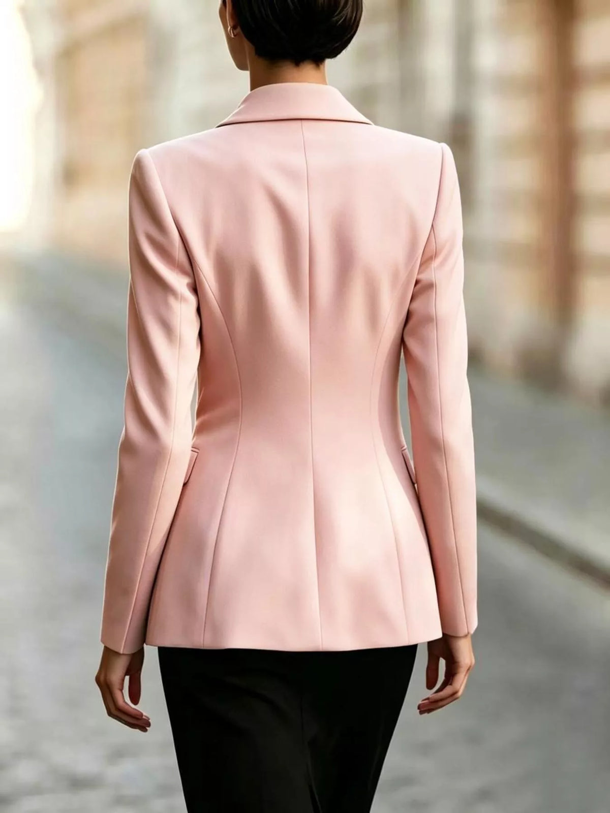 Tie-front lapel collar blazer in pink, back view