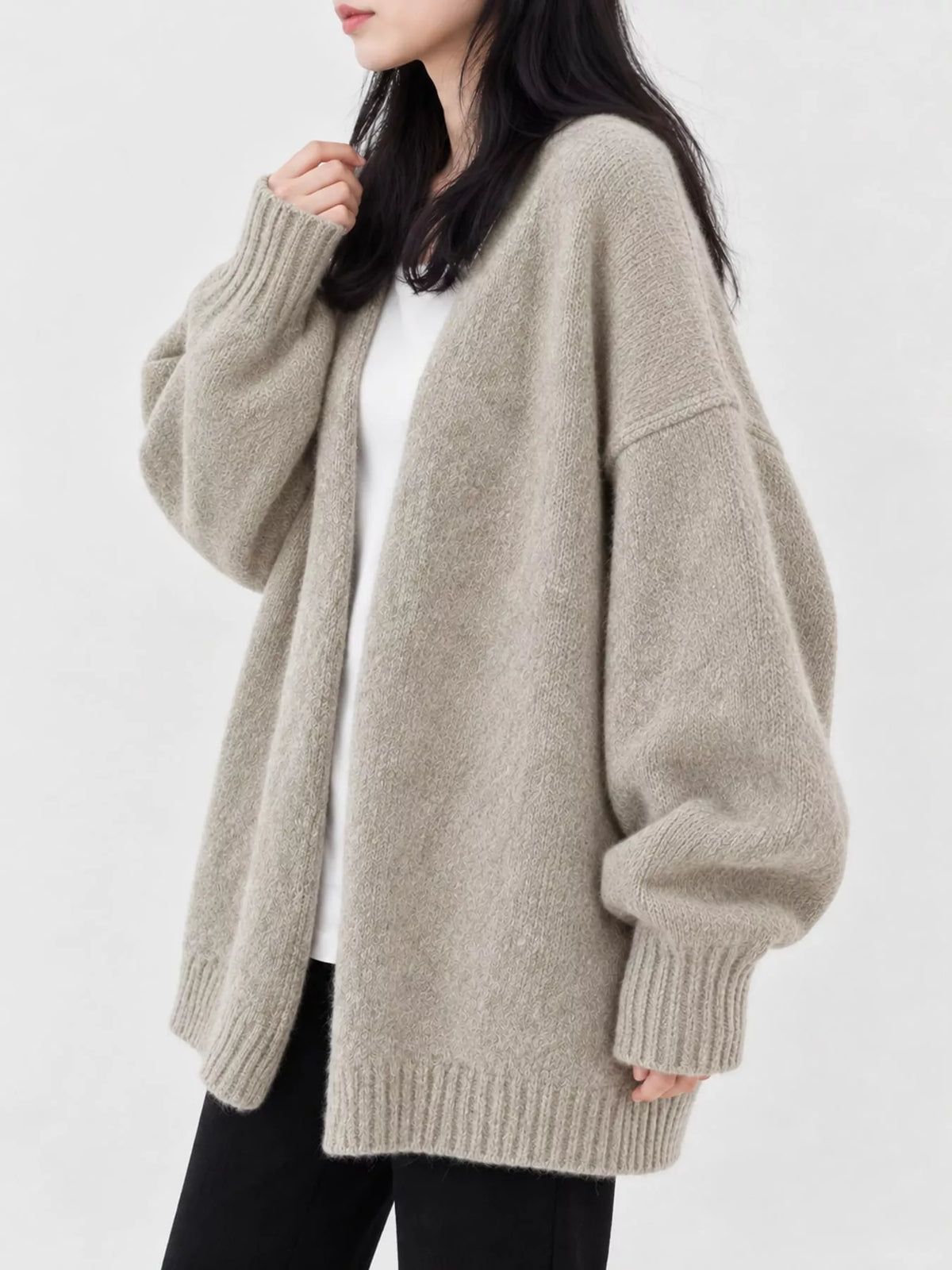 Open Front Dropped Shoulder Cardigan in beige