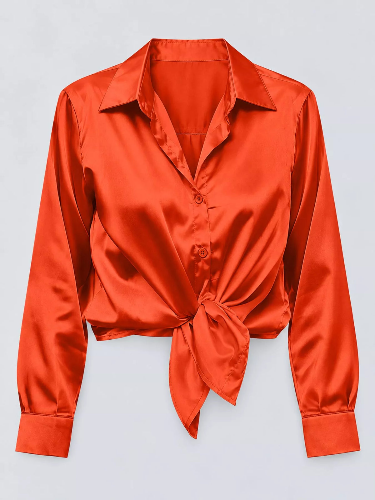 Orange satin button-down long sleeve shirt