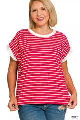 Trendsi Zenana Full Size Contrast Trim Cap Sleeve Stripe Tee Plus Size -