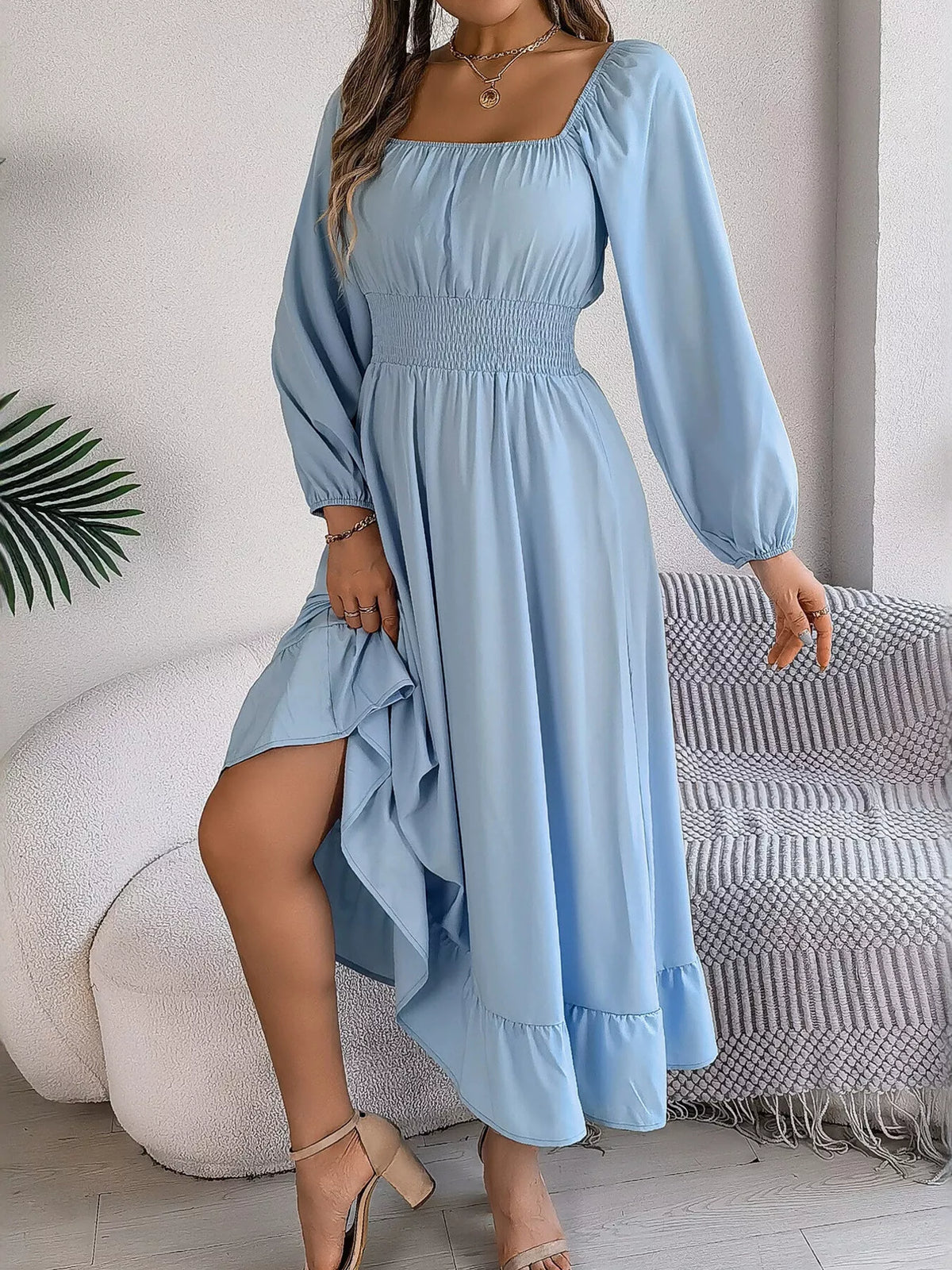 Light Blue square neck smocked waist long sleeve midi dress, back view