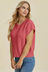 Trendsi Double Take Full Size Cable-Knit Round Neck Short Sleeve Sweater -