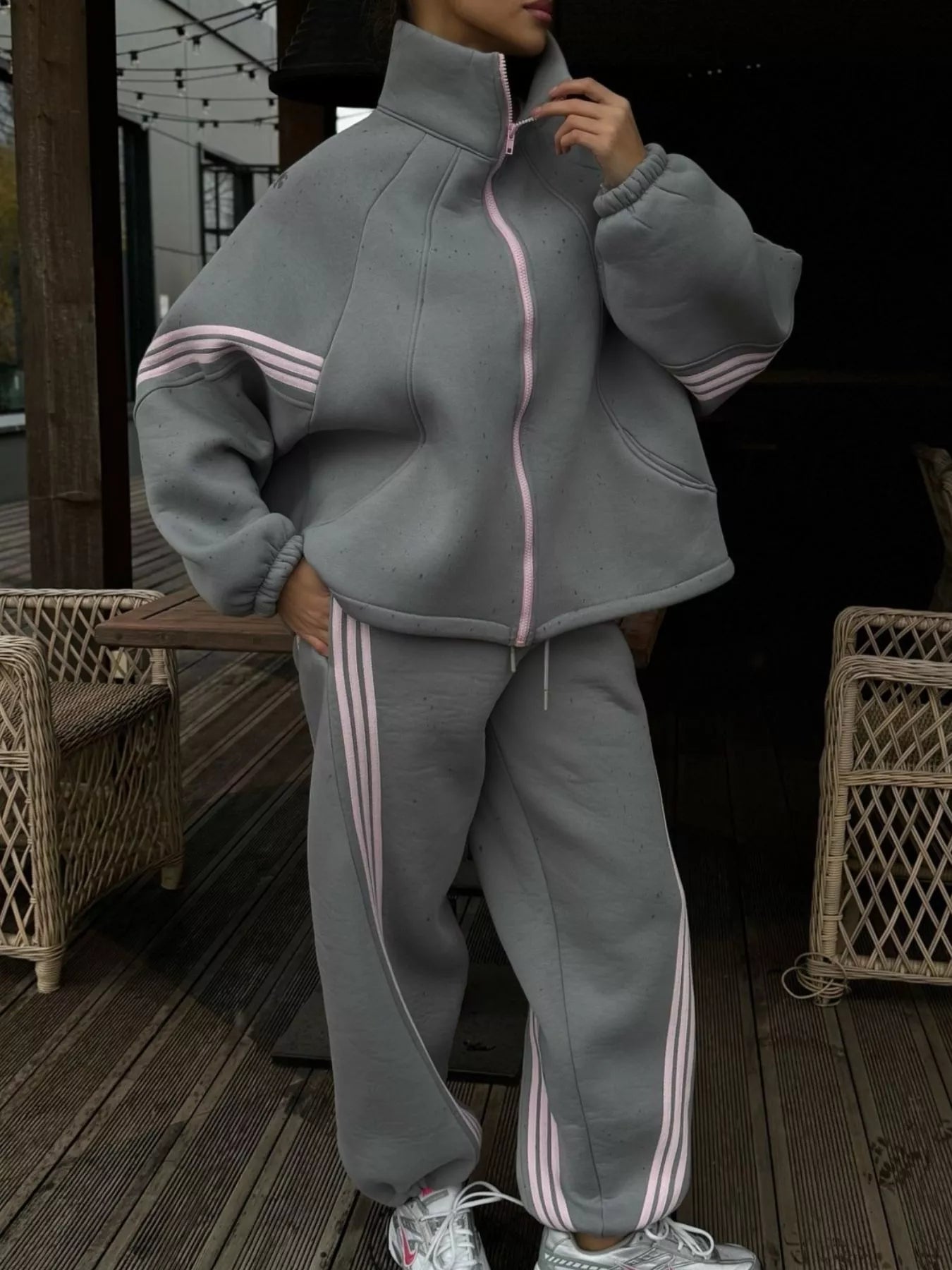 Trendsi Contrast Striped Zip Up Top and Pants Set -