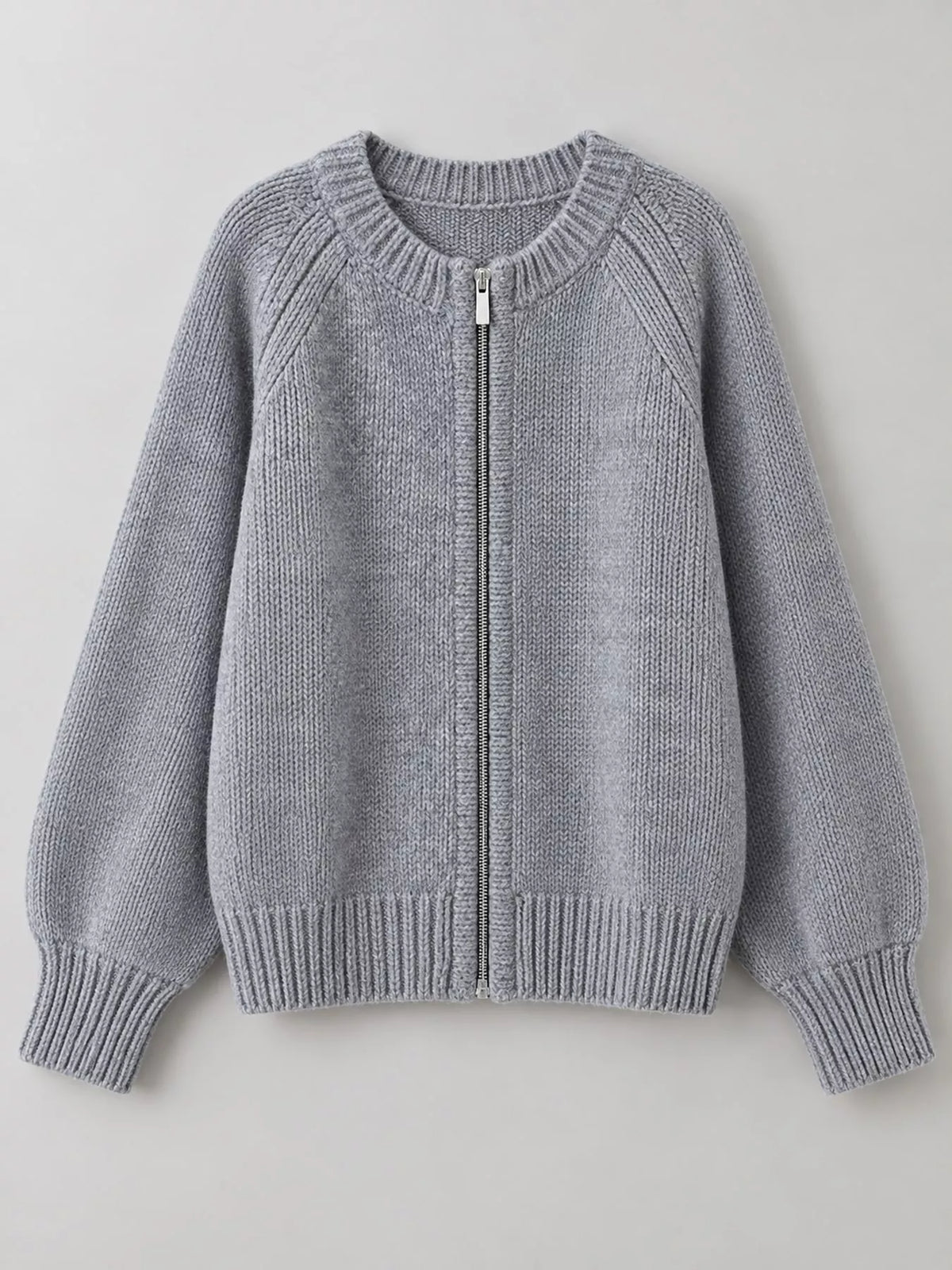 Ribbed-hem cardigan, gray flat front
