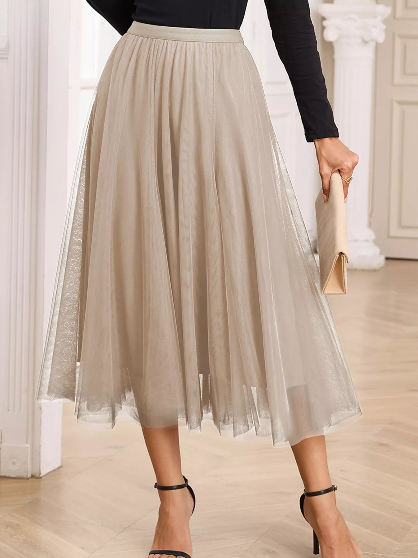 Trendsi Tulle Mesh Overlay Flared Midi Skirt -