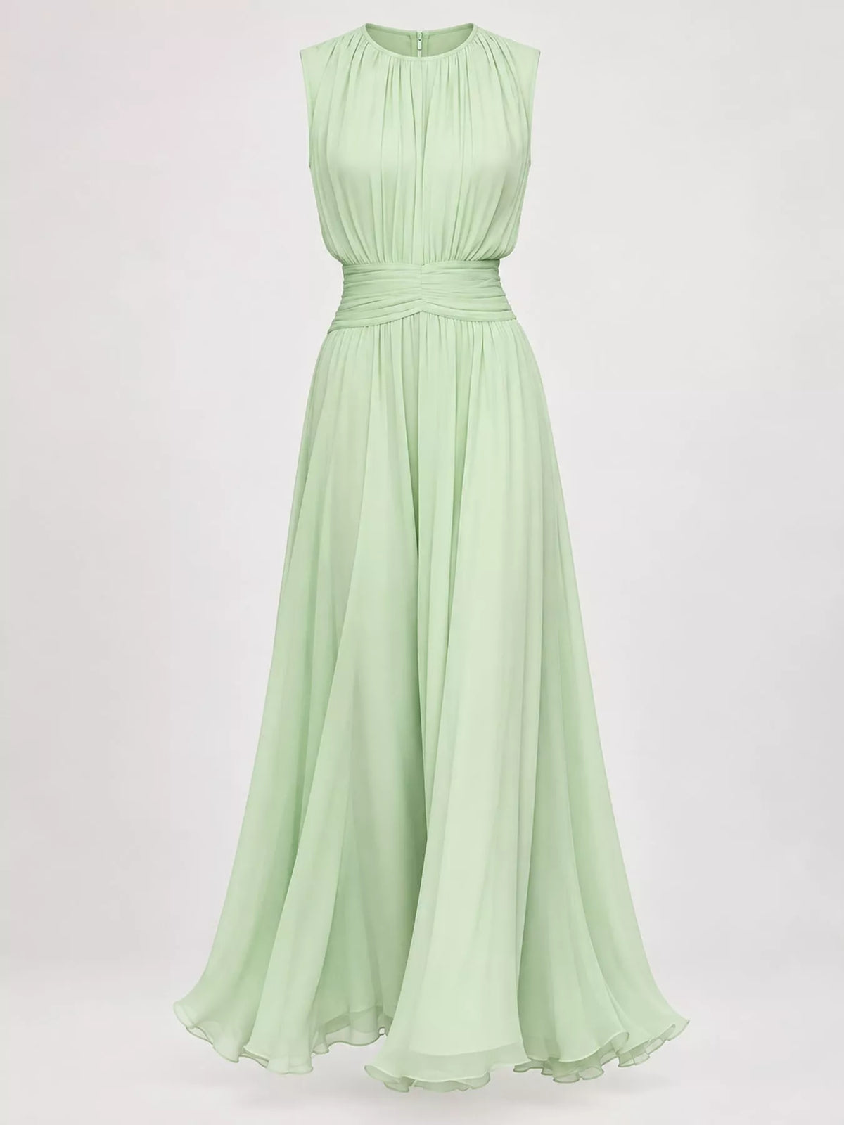 Green sleeveless ruched chiffon maxi dress, front view