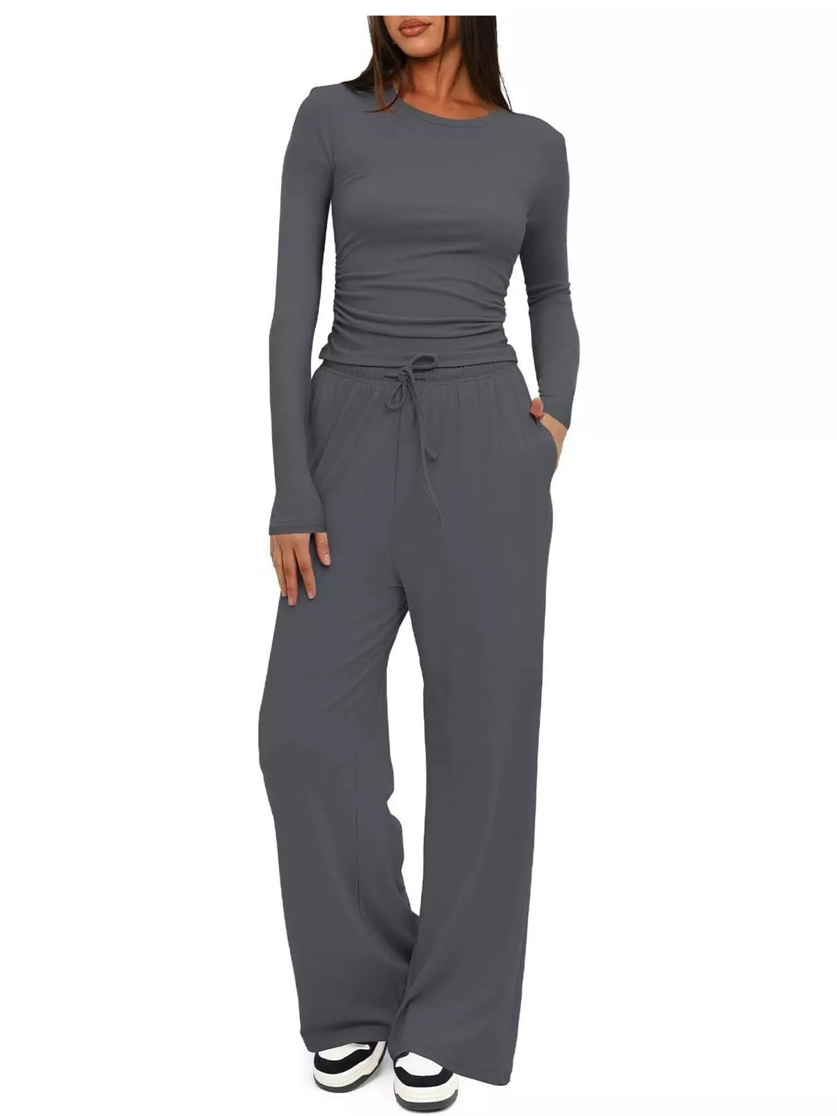 Long Sleeve Top and Wide-Leg Drawstring Pants Set — front view