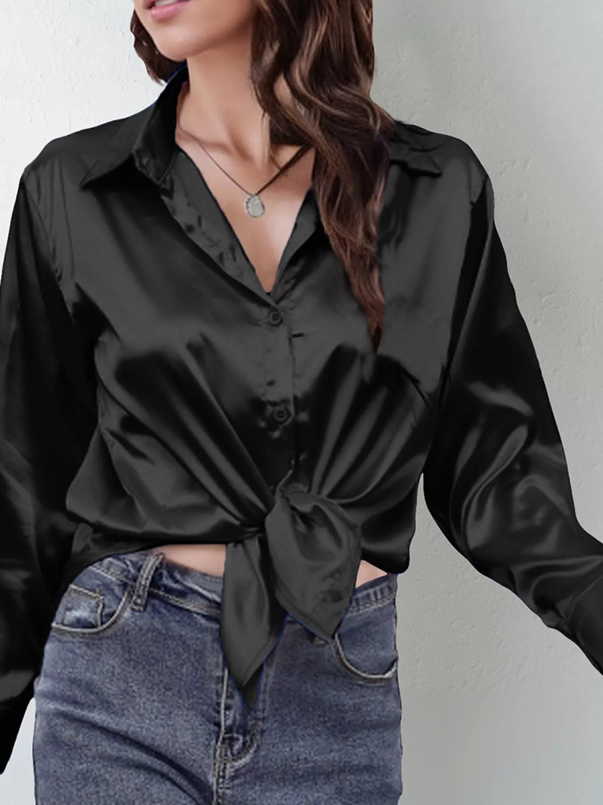 Dark Gray satin button-down long sleeve shirt