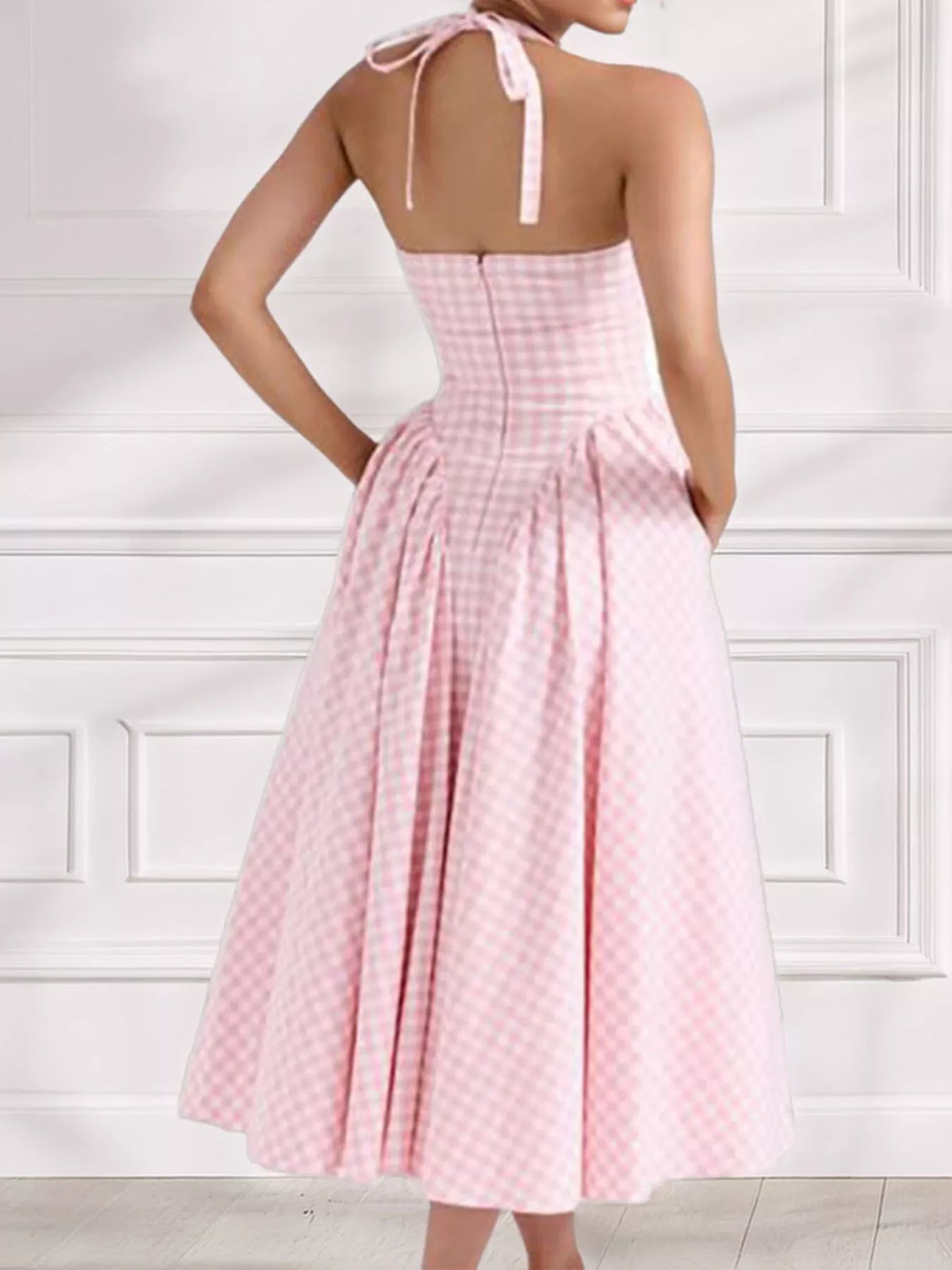 Trendsi Full Size Gingham Halter Neck Maxi Dress Plus Size -