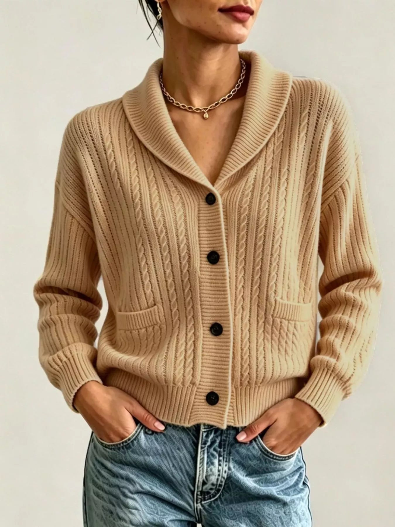 Trendsi Full Size Shawl Collar Cable Knit Cardigan Plus Size -