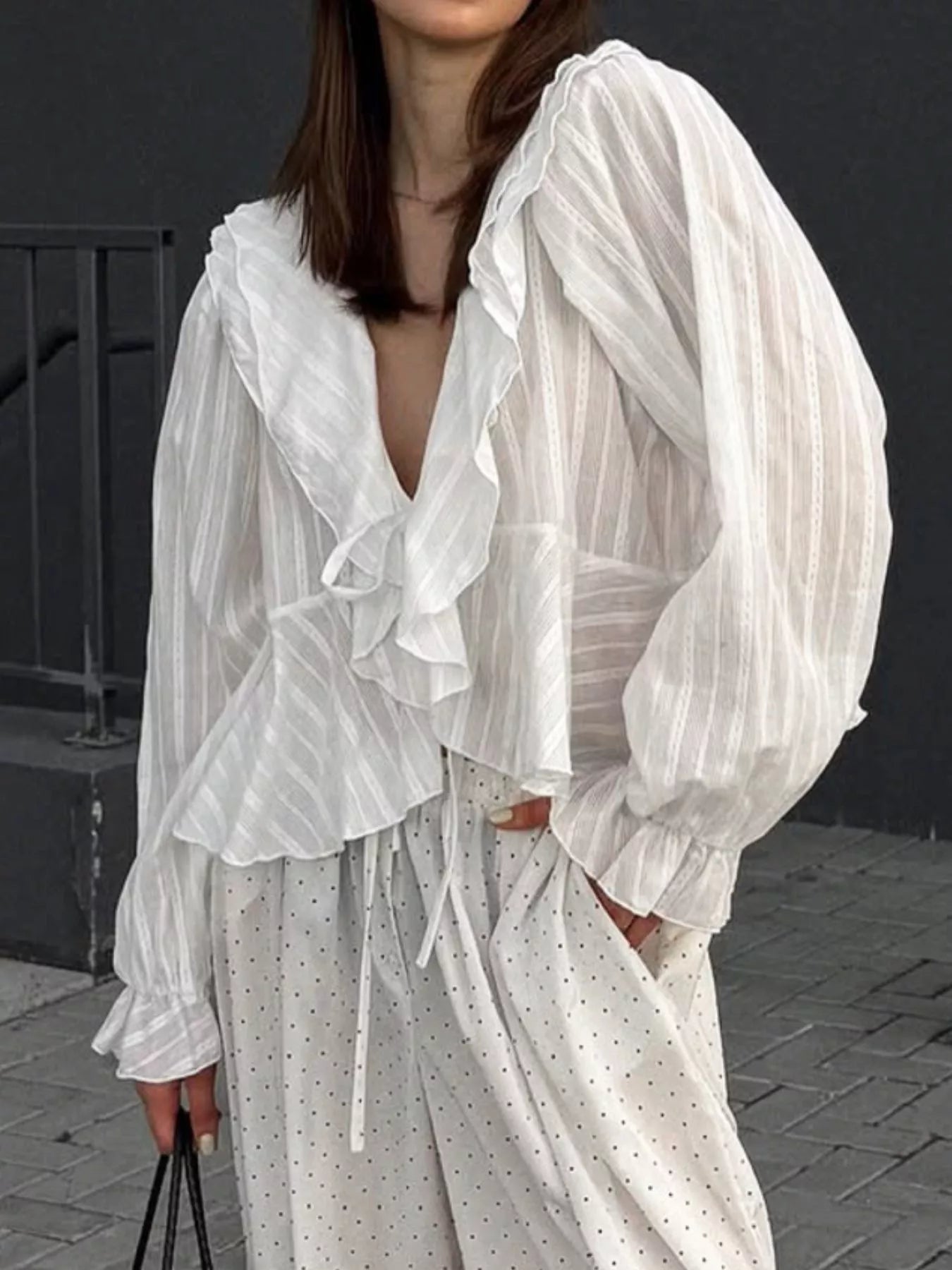 Trendsi Ruffled Striped Flounce Sleeve Blouse -