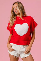 Trendsi BiBi Rib Banded Heart Pattern Valentines Sweater -