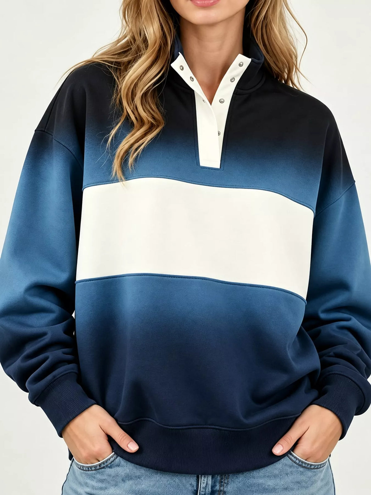 Blue ombre and cream color block snap-button sweatshirt