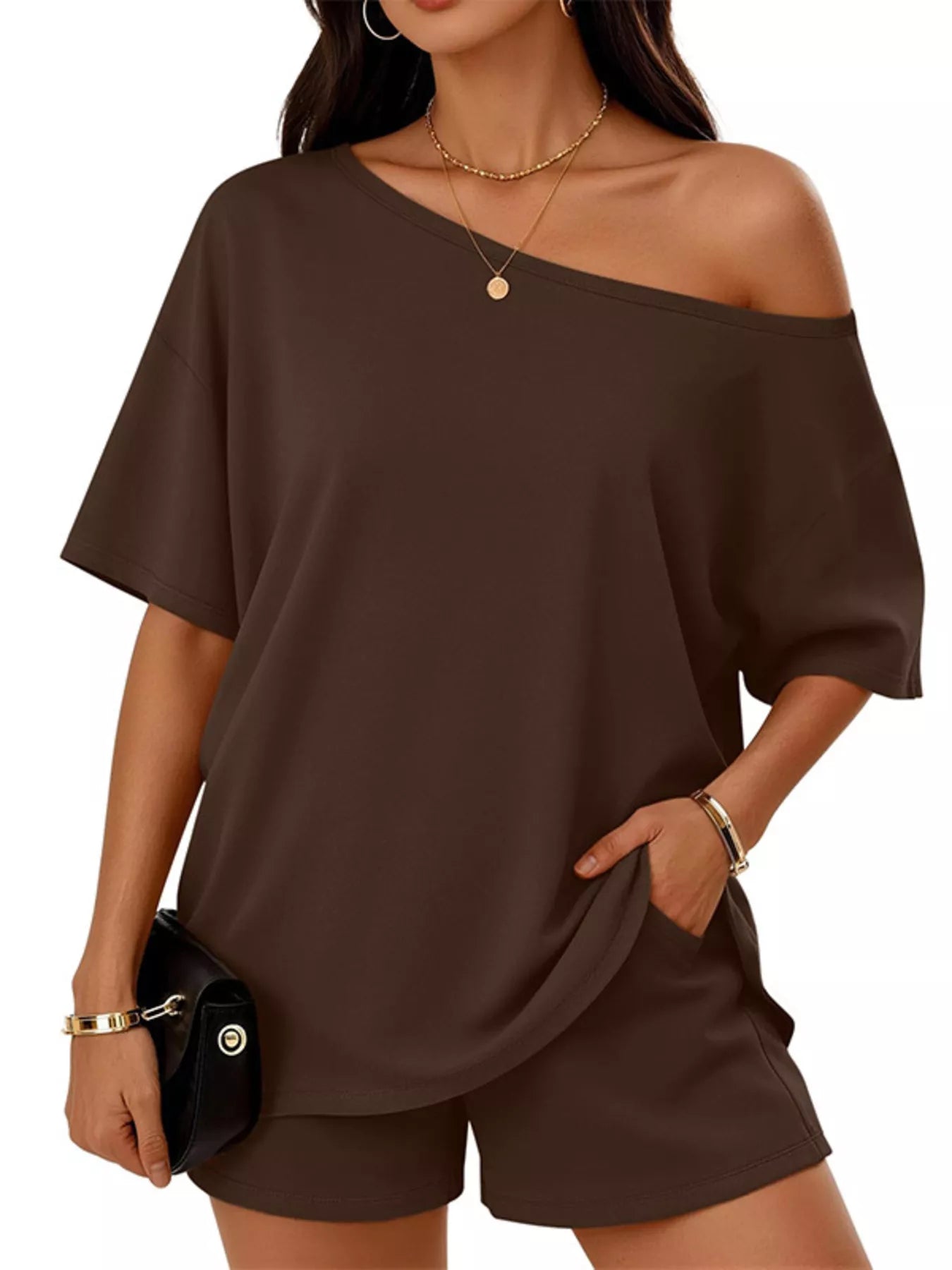 Trendsi One-Shoulder Short Sleeve Top and Shorts Set -