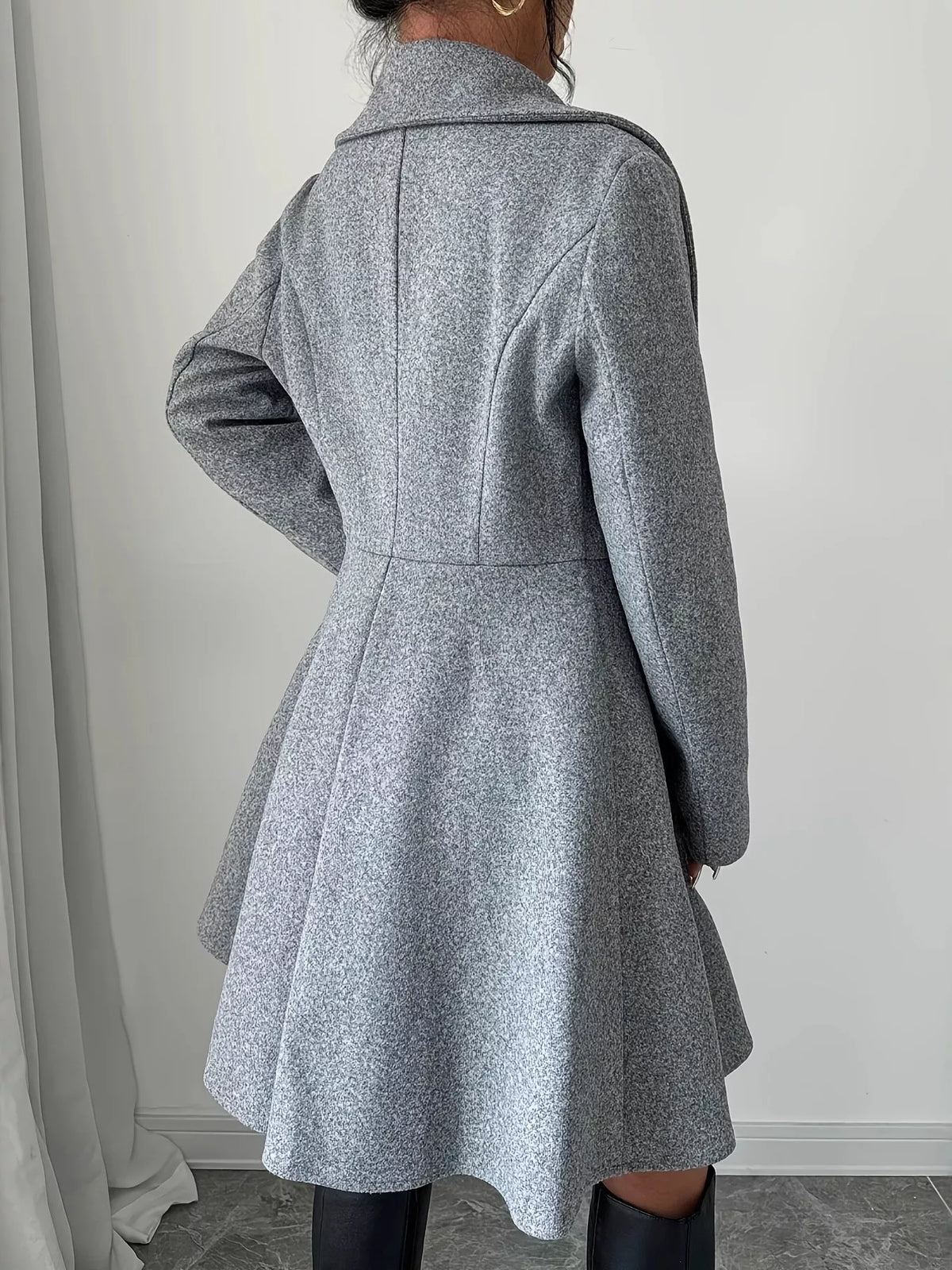Gray double-breasted flared coat, back view