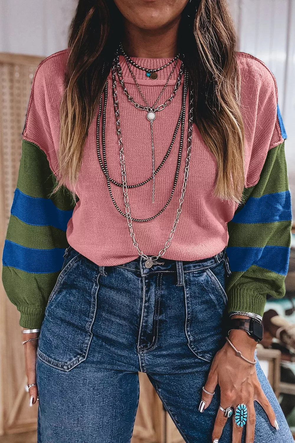 Trendsi Multicolour Western Colorblock Patchwork Striped Long Sleeve Sweater -