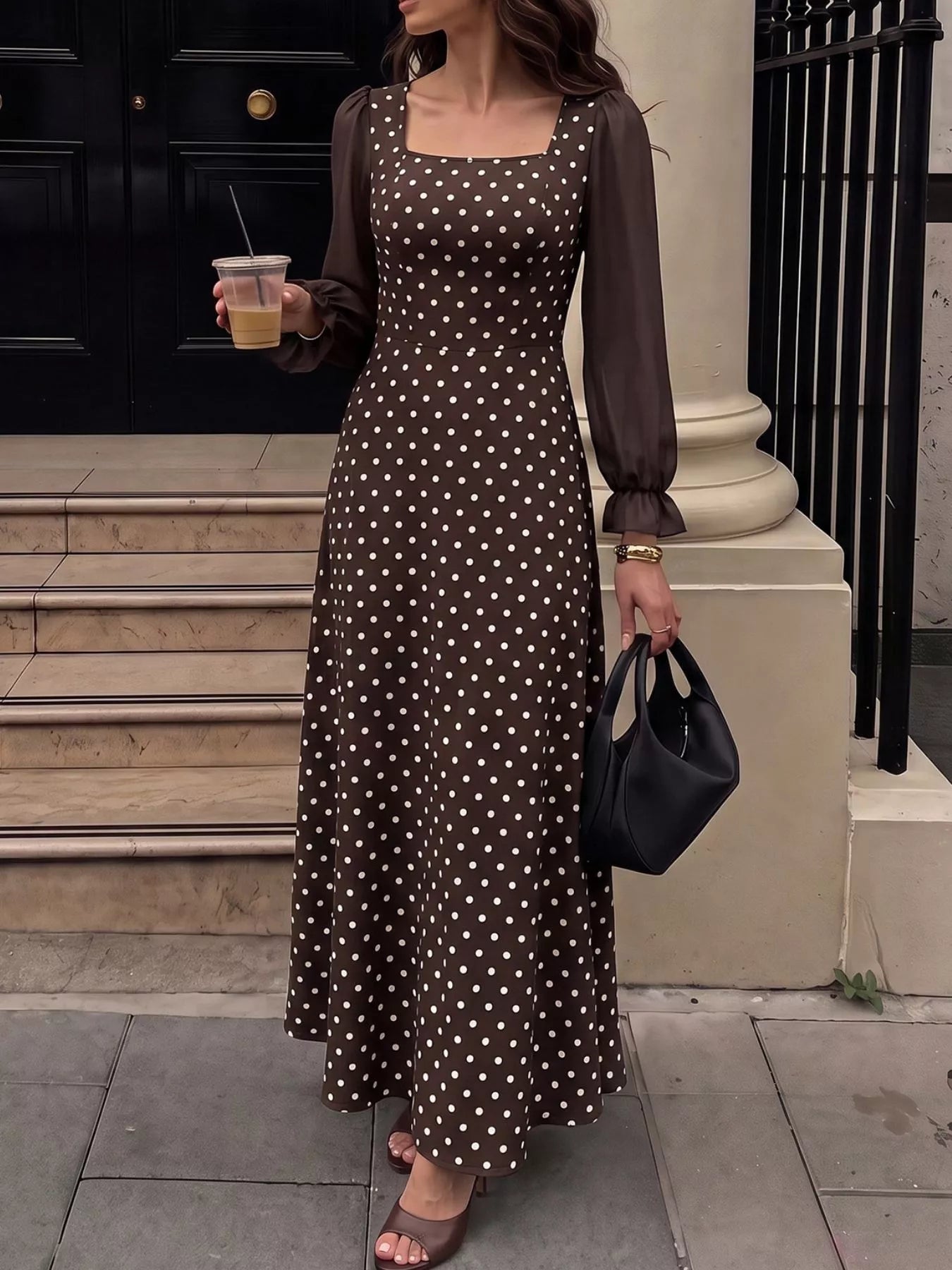 Trendsi Polka Dot Square Neck Long Sleeve Maxi Dress -