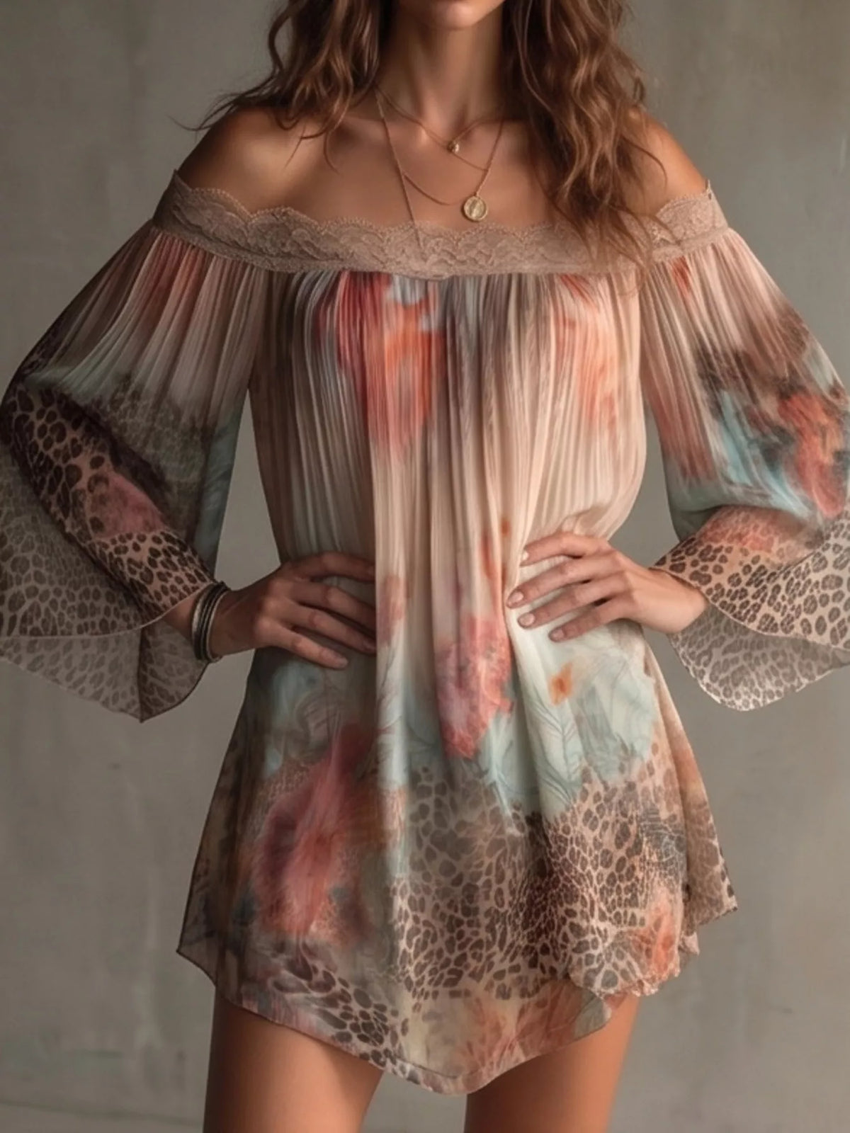 Trendsi Off-Shoulder Lace-Trimmed Floral and Leopard Print Mini Dress -