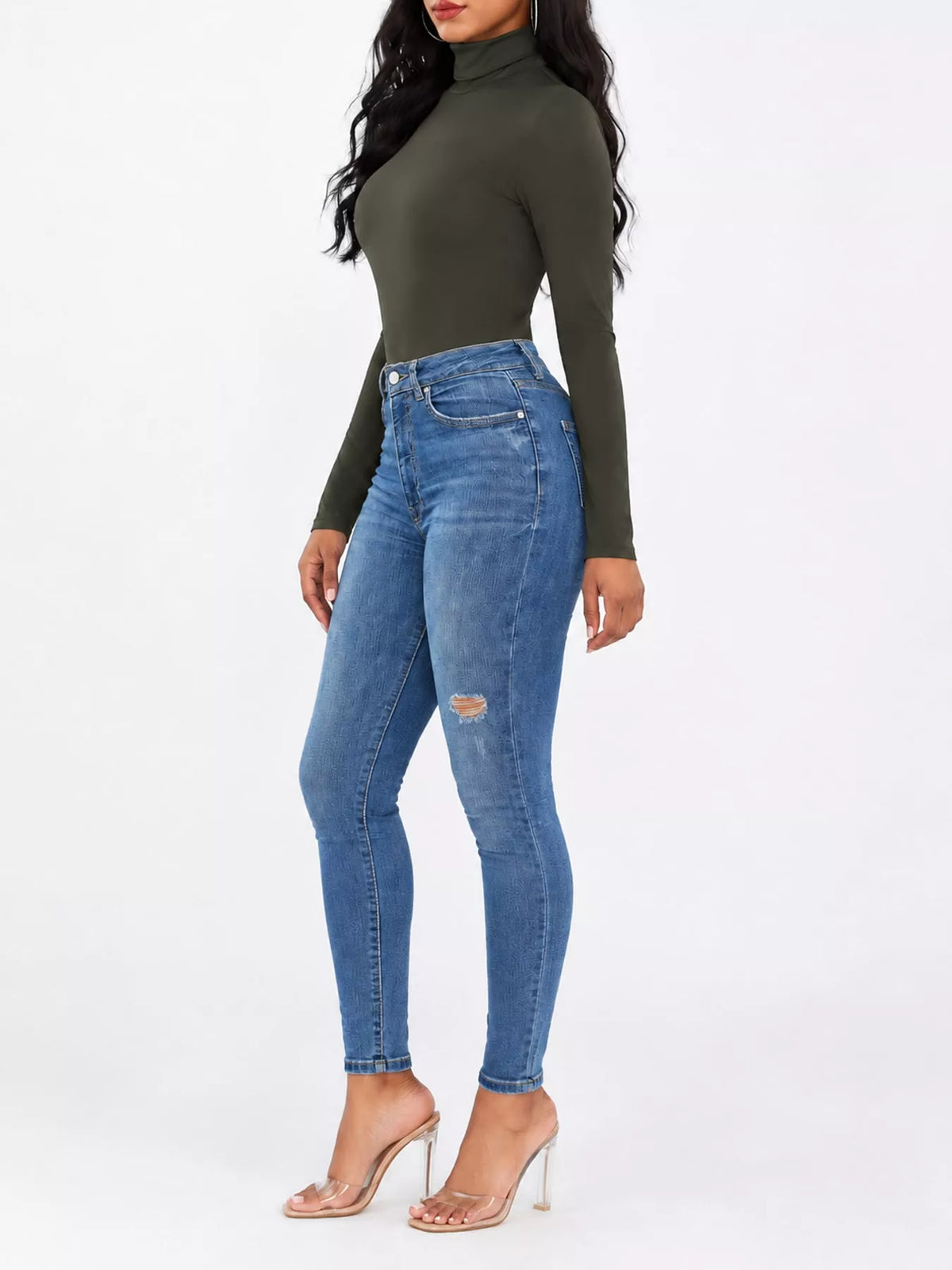 Long Sleeve Turtleneck Slim-Fit Bodysuit in olive green