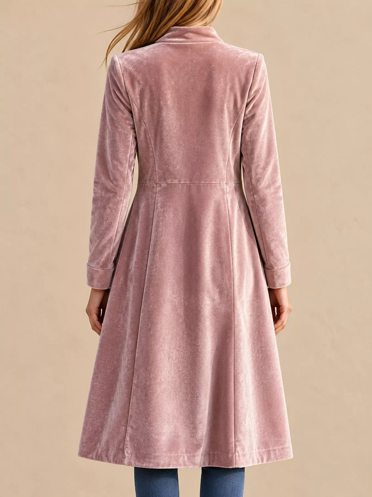 Pink velvet zip-up longline jacket, back view